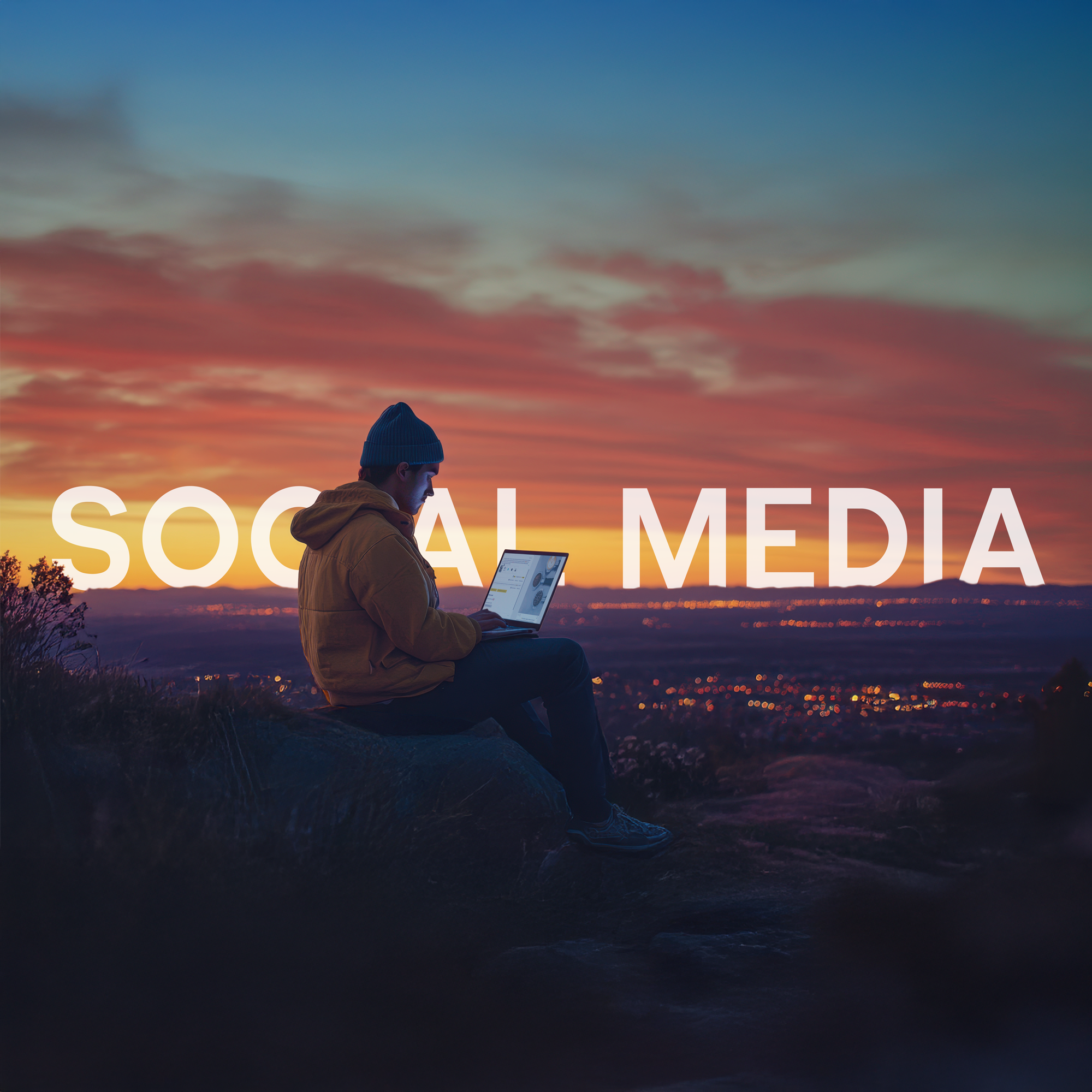A person wearing a blue beanie and an orange jacket sitting on a rock while working on a laptop during a colorful sunset with pink and orange clouds.