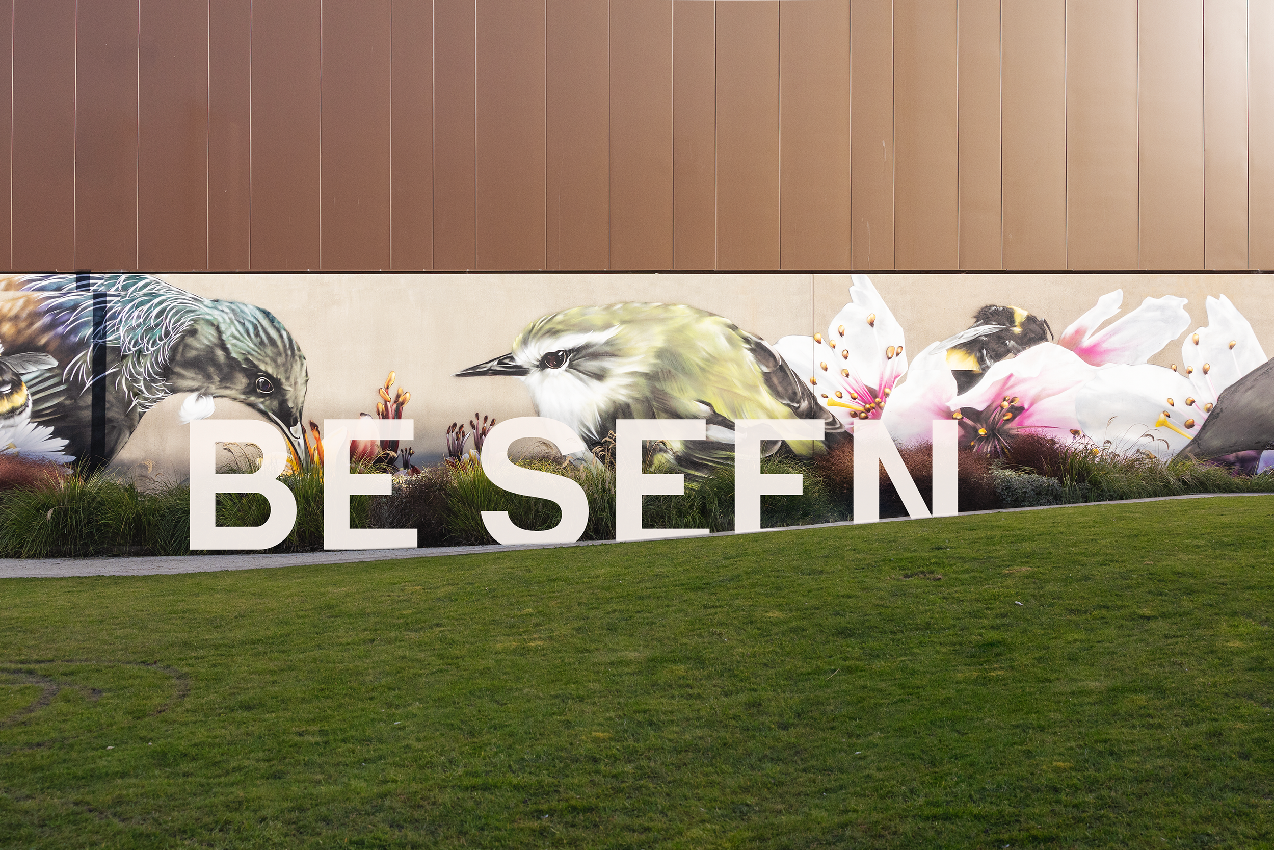 Litchfield Wall Mural Graffiti featuring 2 birds and flowers with the word Visibility in white letters set against the mural Christchurch Advertising Services Ci marketing