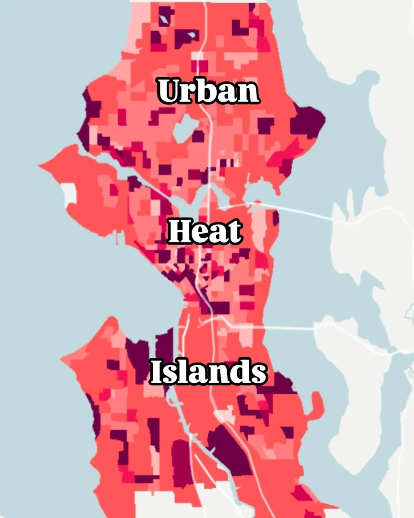 We all experience the high temperatures of Seattle&rsquo;s urban heat islands (UHIs) shown on this map. Urban heat islands increase maximum temperatures by as much as 6&deg;F above the local baselines.

Hard, impervious surfaces like asphalt and conc