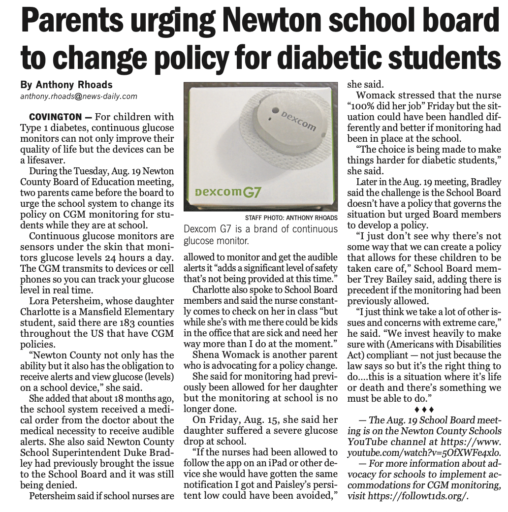 Parents Urging Newton School Board to Change Policy for Diabetic Students