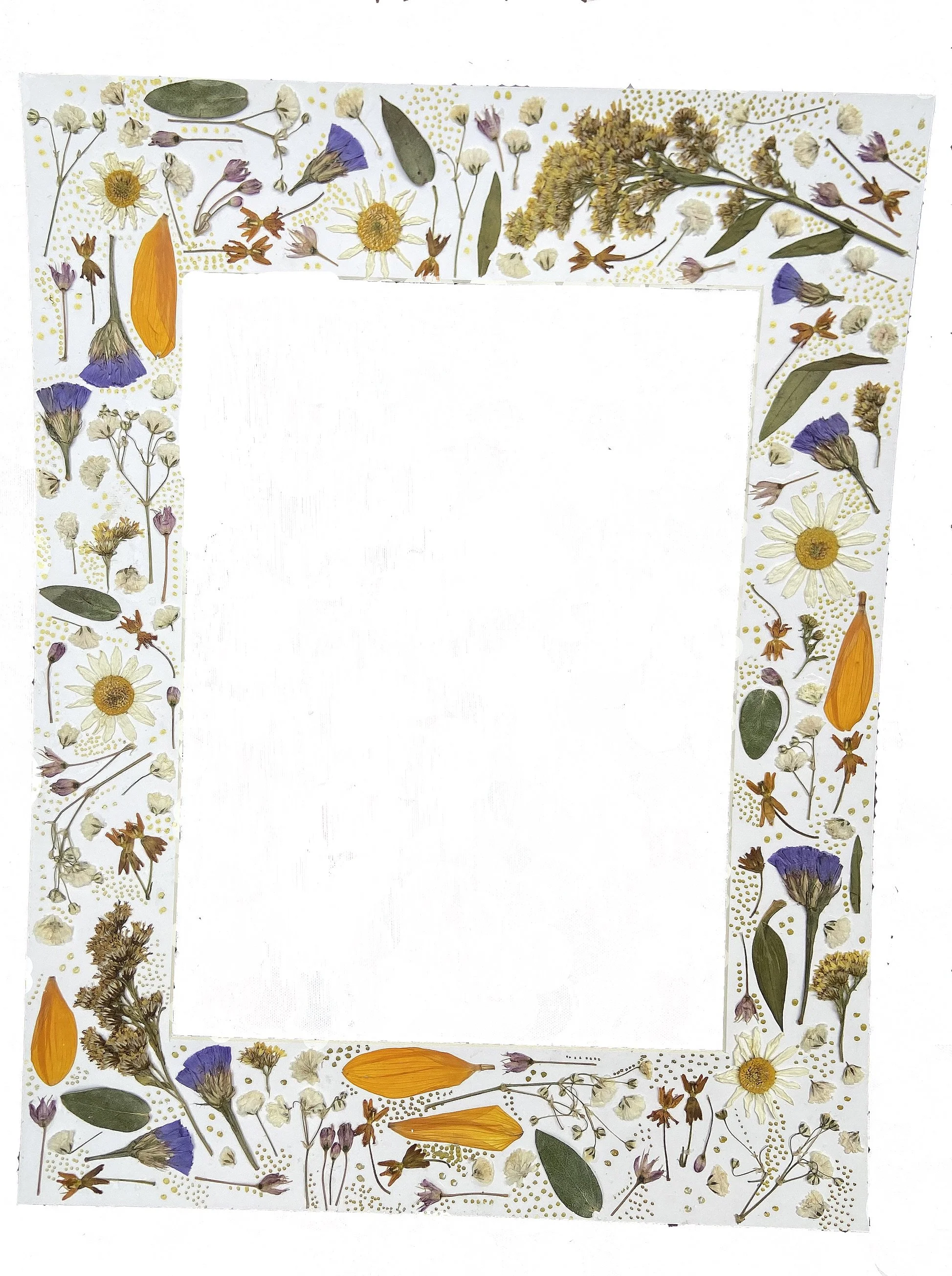 A white rectangular border decorated with various pressed dried flowers and leaves, including daisies, purple flowers, yellow blooms, and orange petals, arranged along the edges.