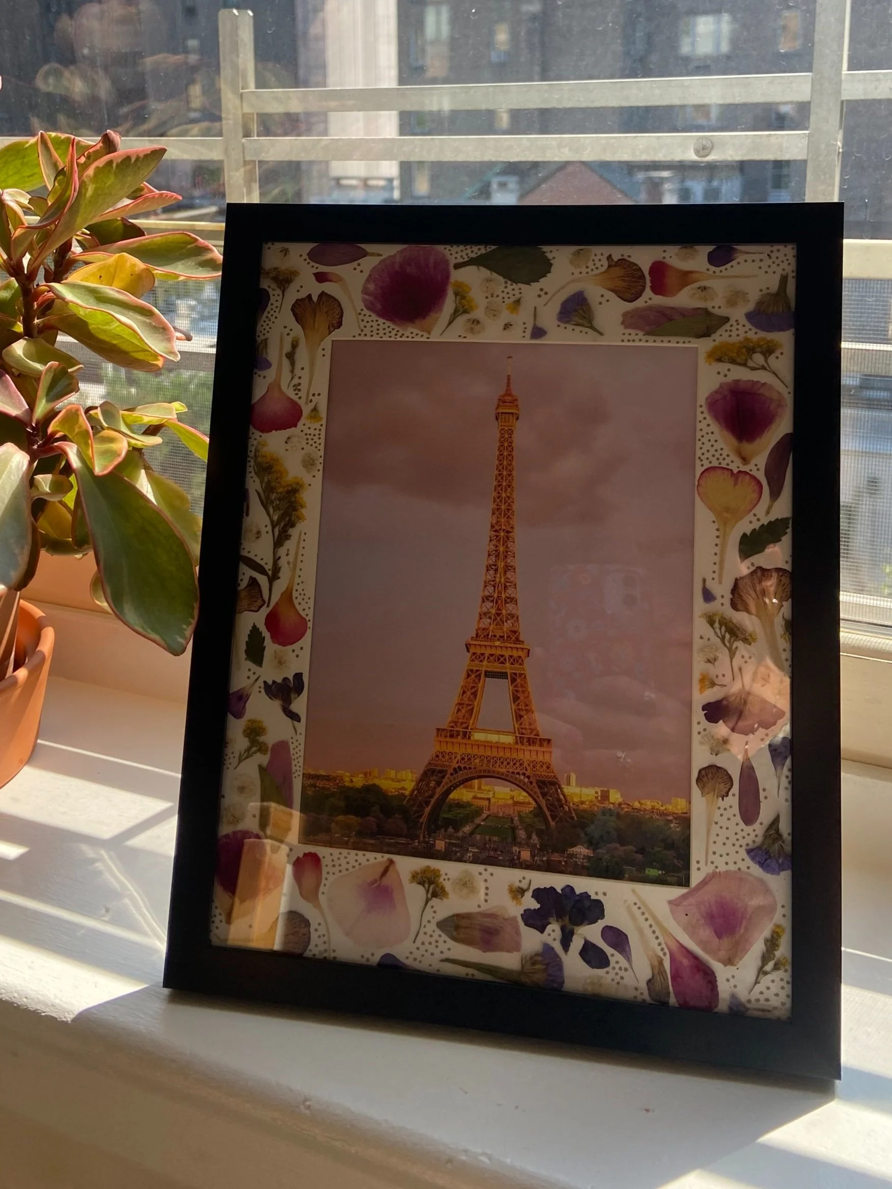 Framed picture of the Eiffel Tower on a windowsill with plants and city buildings in the background.