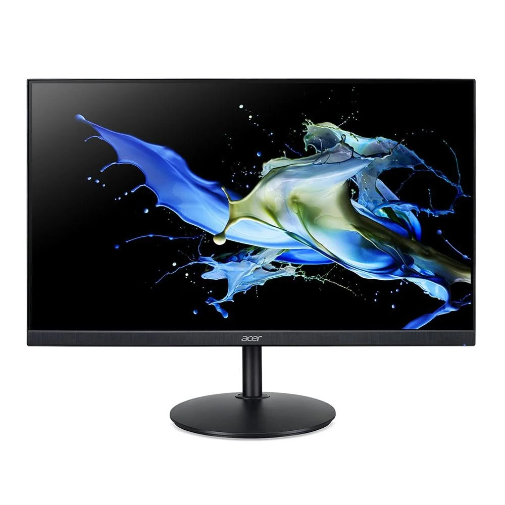 A black Acer computer monitor displaying an abstract graphic of blue, green, and white paint splashes on a black background.