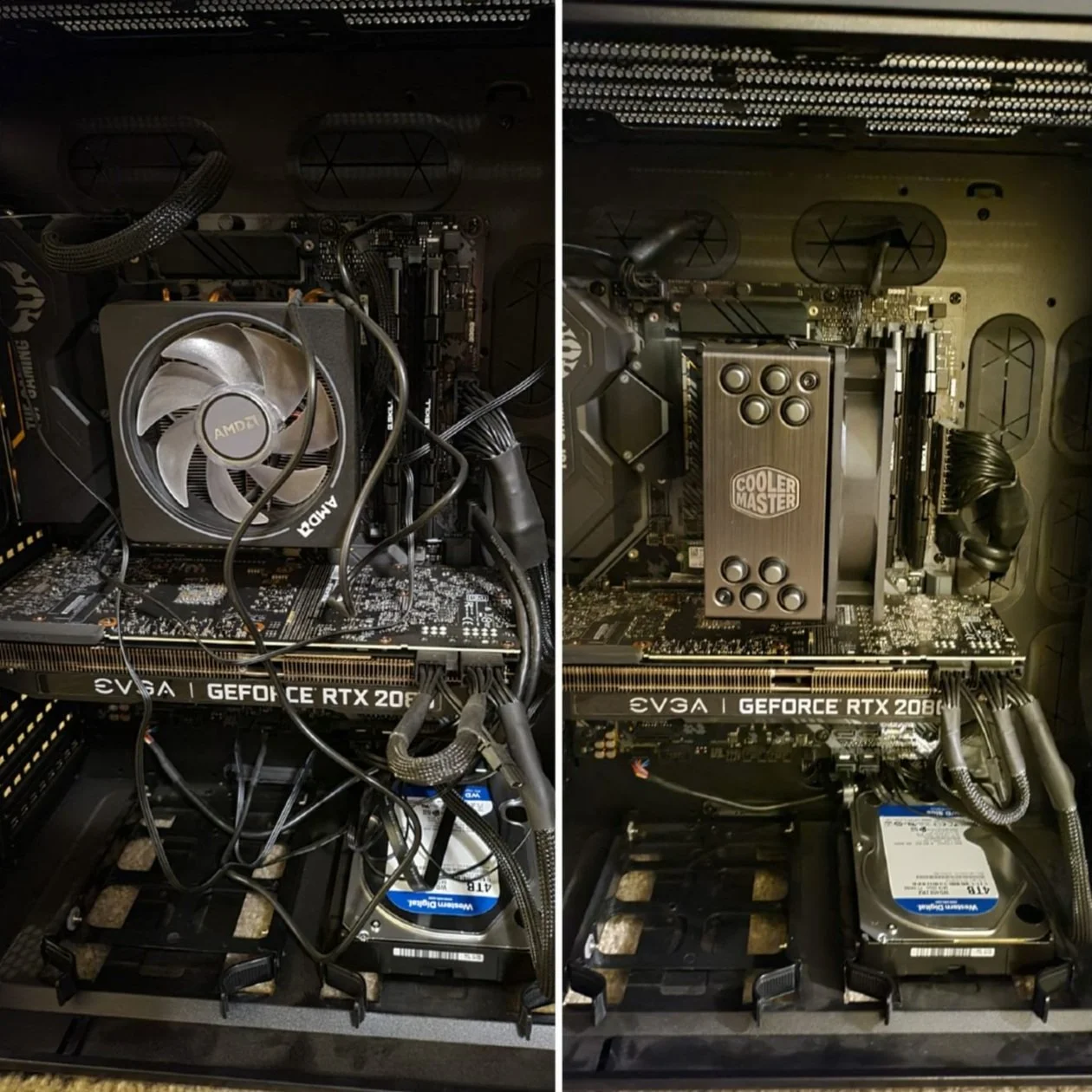 Inside of a desktop computer case showing the internal components, including a graphics card, CPU cooler, RAM, and hard drives.