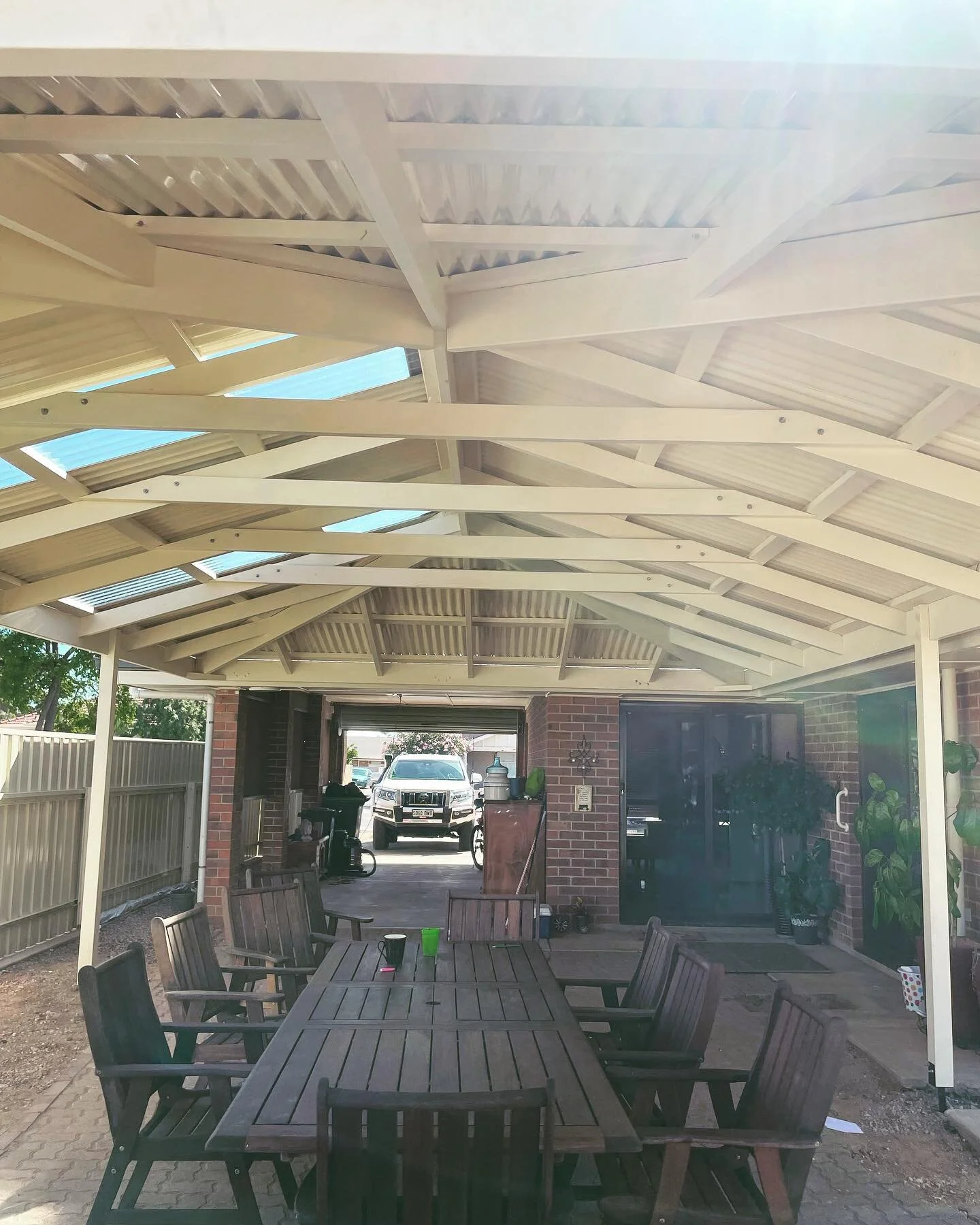Hip-end pergola we have recently completed, carpentry and roofing. Creates a great spot to spend the summer outdoors! #carpentry #pergola #outdoorliving