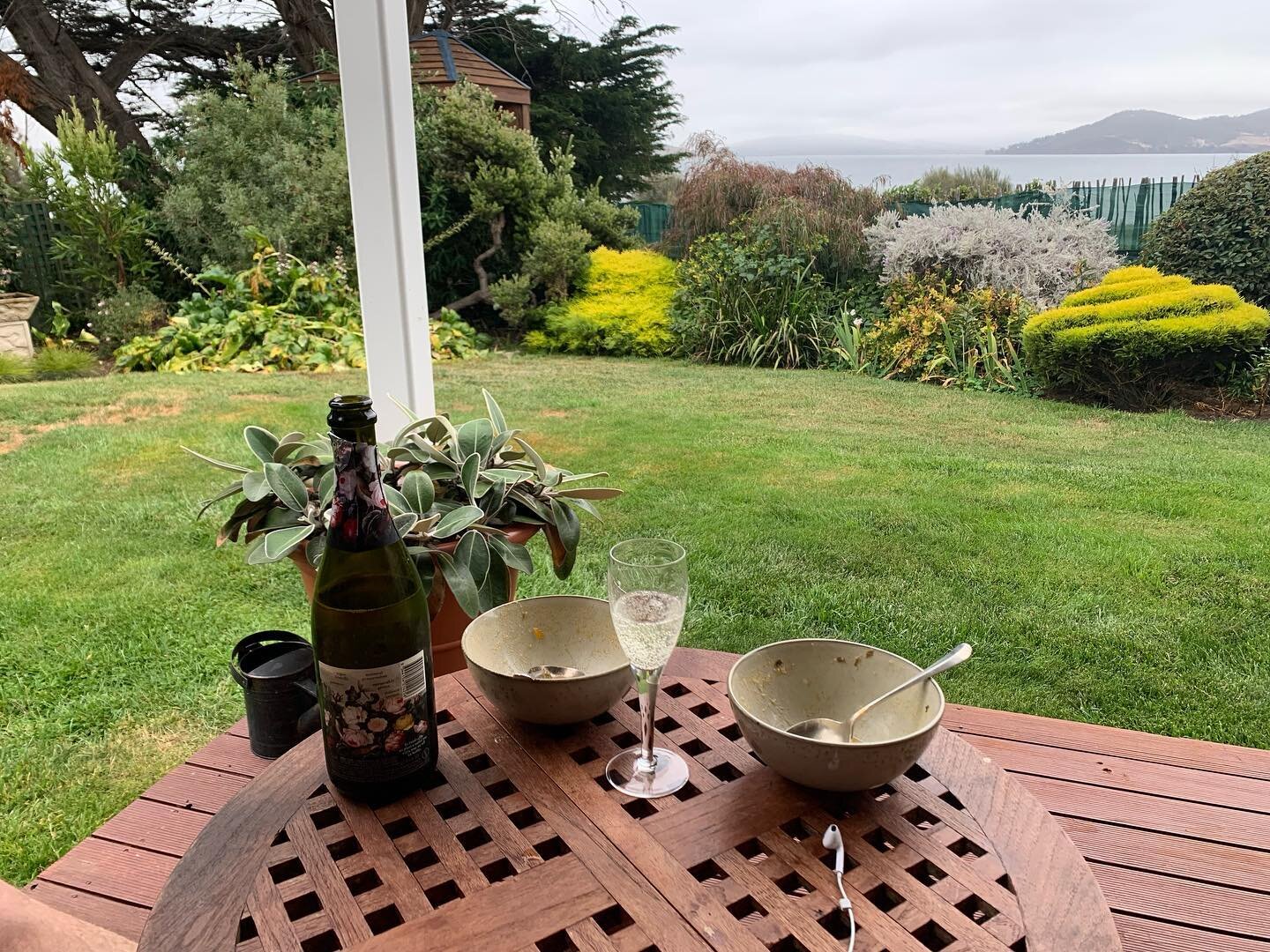 So much to love about this AirBnb in South Arm. Our second time here. Complimentary champagne to celebrate a special birthday, home cooked soup made from fish caught off Bruny. Best of all is this little table on the deck, where I can sit and write w