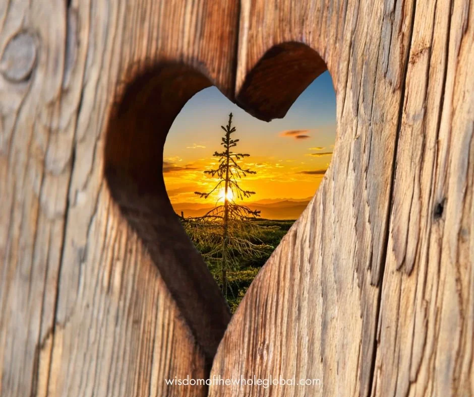 heart shaped opening in wood with a sunset view