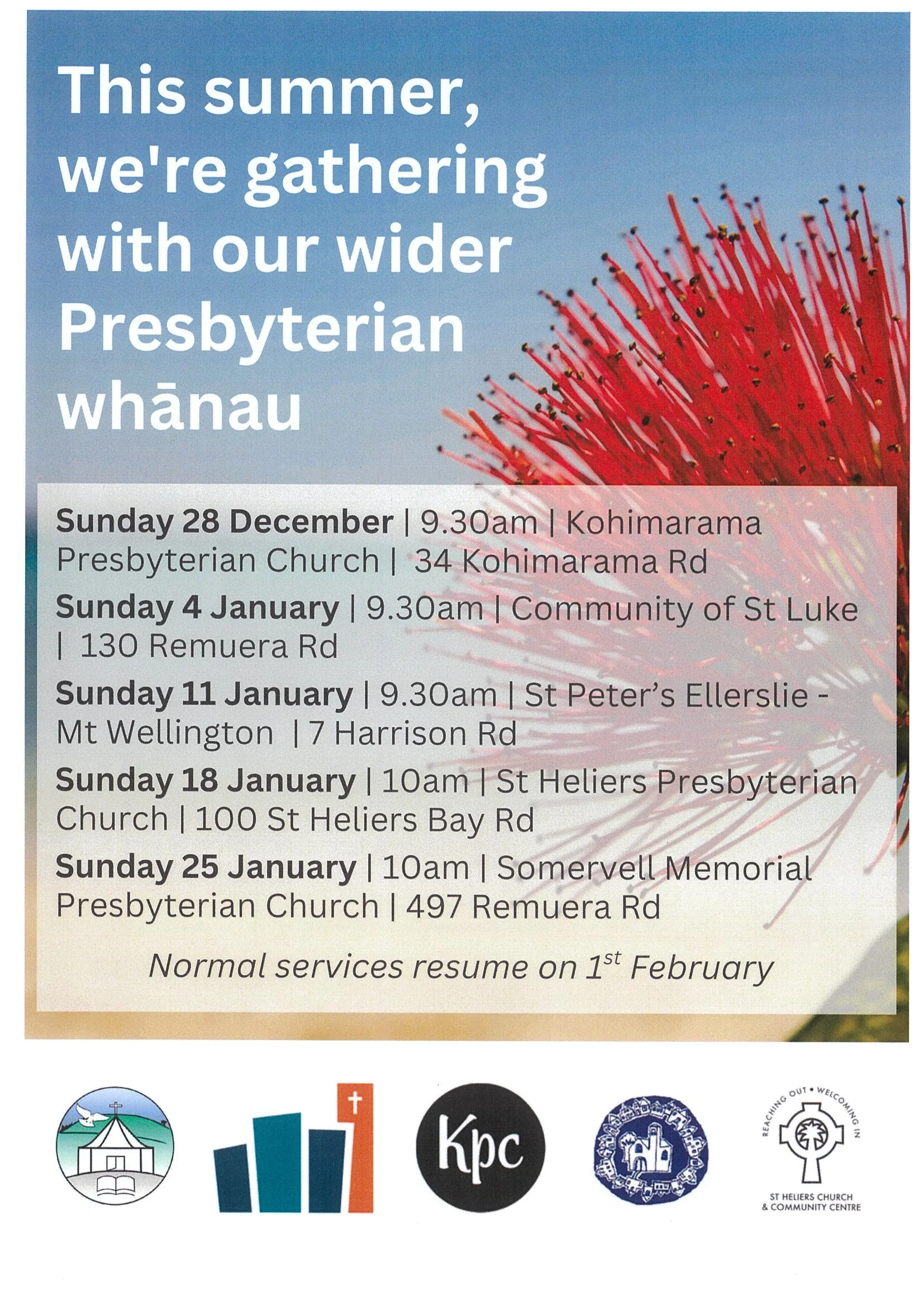 List of dates of church services at local East Auckland Presbyterian churches including Somervell