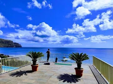 Person standing at a balcony overlooking ocean with blue sky and clouds, potted plants in the foreground.