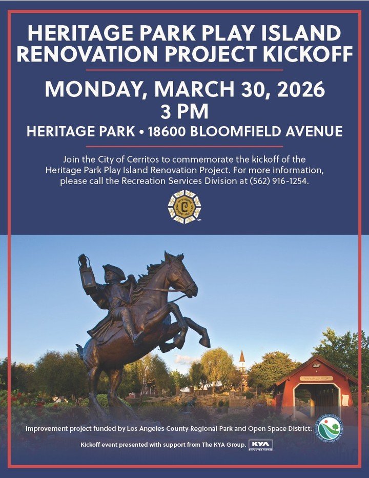 Groundbreaking Alert!

Join the City of Cerritos on Monday, March 30th at 3:00 PM to celebrate the groundbreaking of the Heritage Park Play Island Renovation, a meaningful step forward for the Cerritos community.

The KYA Group is proud to support th