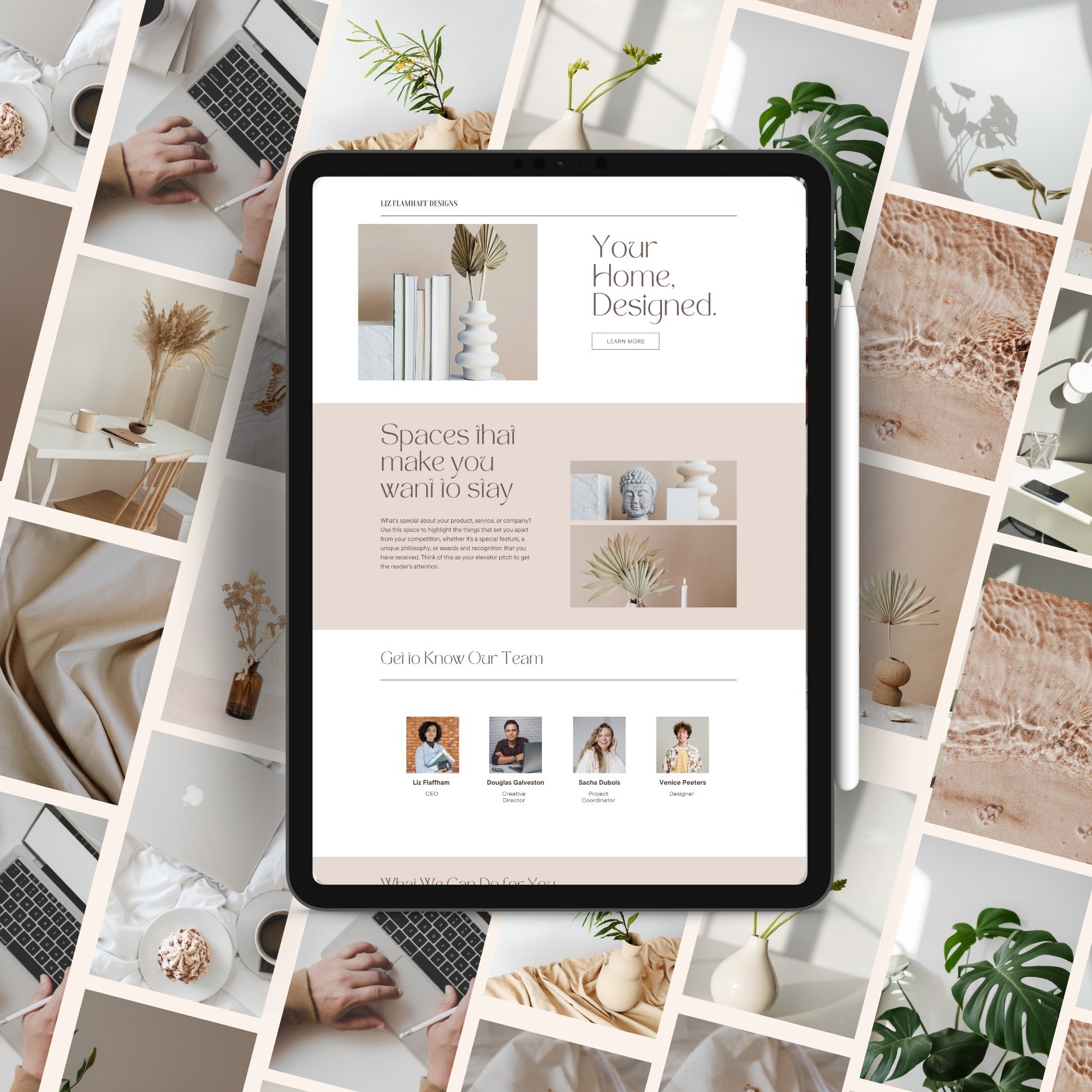 Collage of a digital tablet displaying a home design website with photos of interiors and plants in the background. The website page shows decor objects and a team section featuring four people. The surrounding images include laptops, coffee, plants, and cozy interiors.