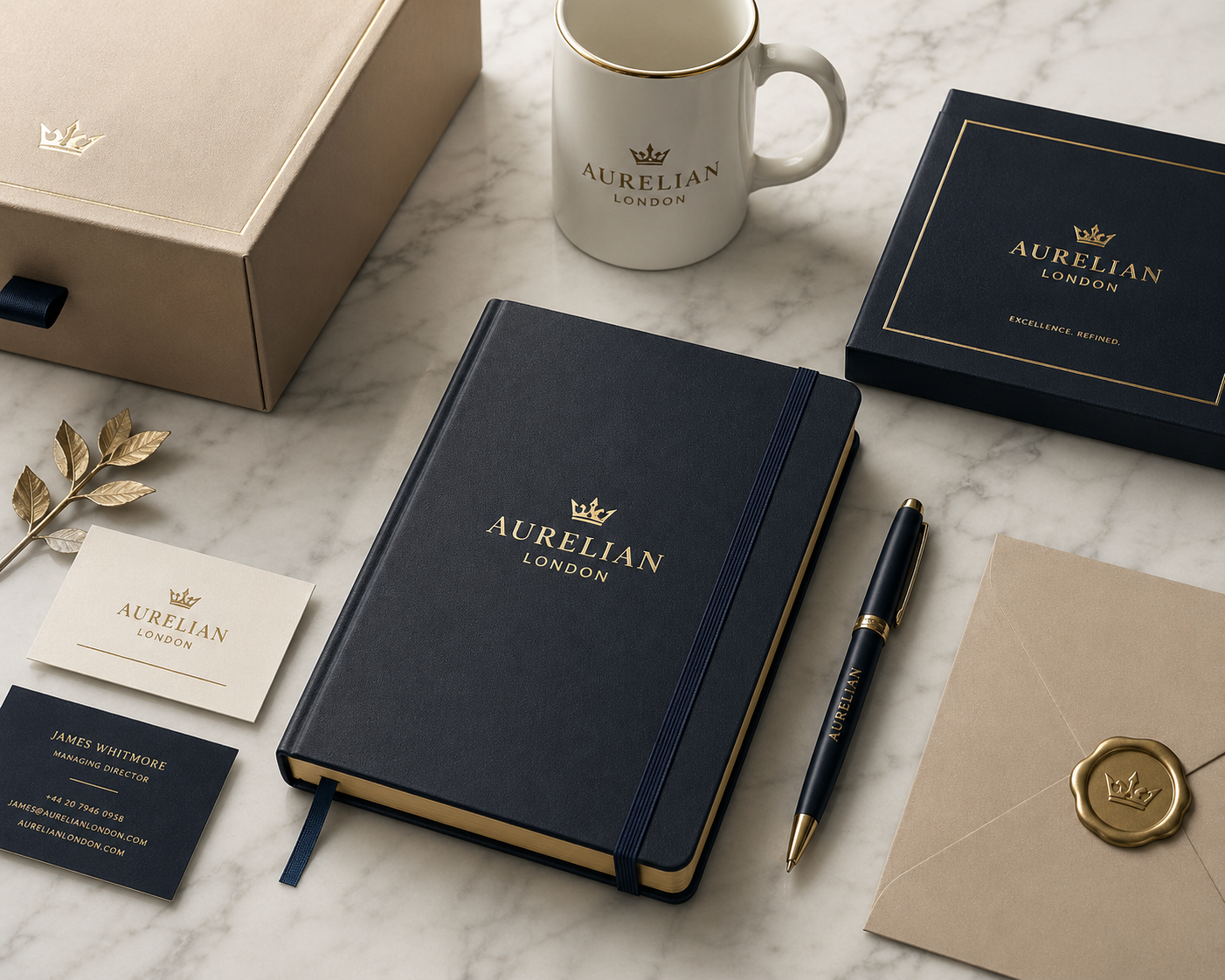 A flat lay of branding and stationery items for Aurelians London including a navy notebook, business card, mug, a closed envelope with a gold wax seal, a pen, and two boxes with gold accents on a marble surface.