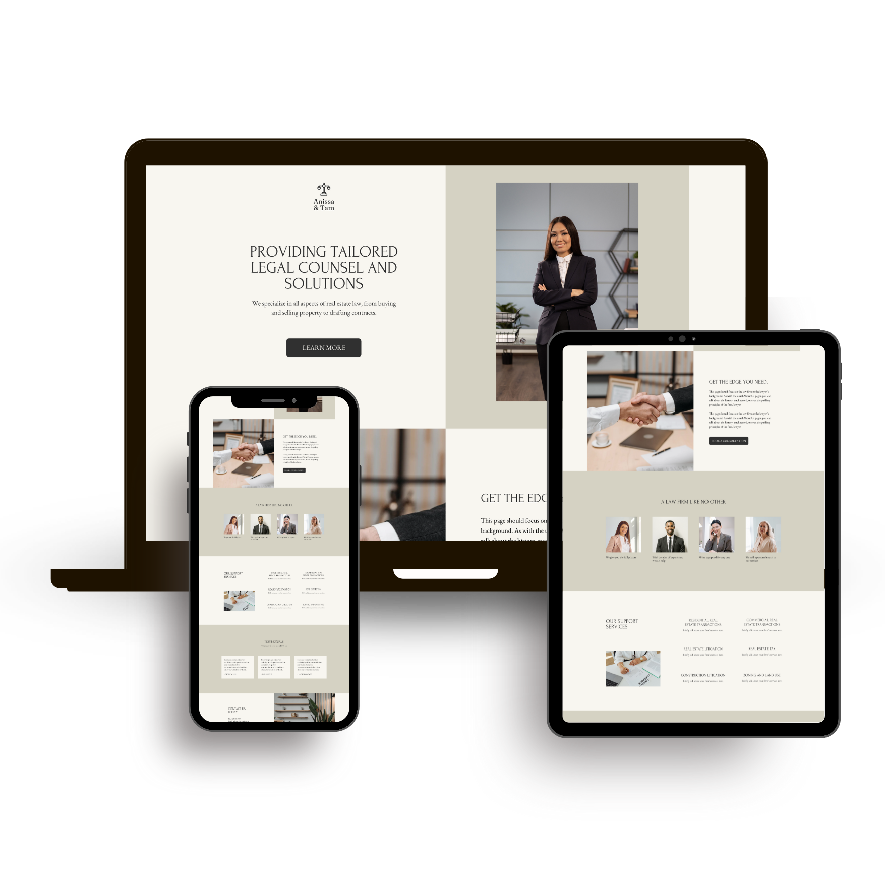 Mockup of a responsive legal services website displayed on a laptop, tablet, and smartphone. The website features images of legal professionals and text about tailored legal counsel and solutions.