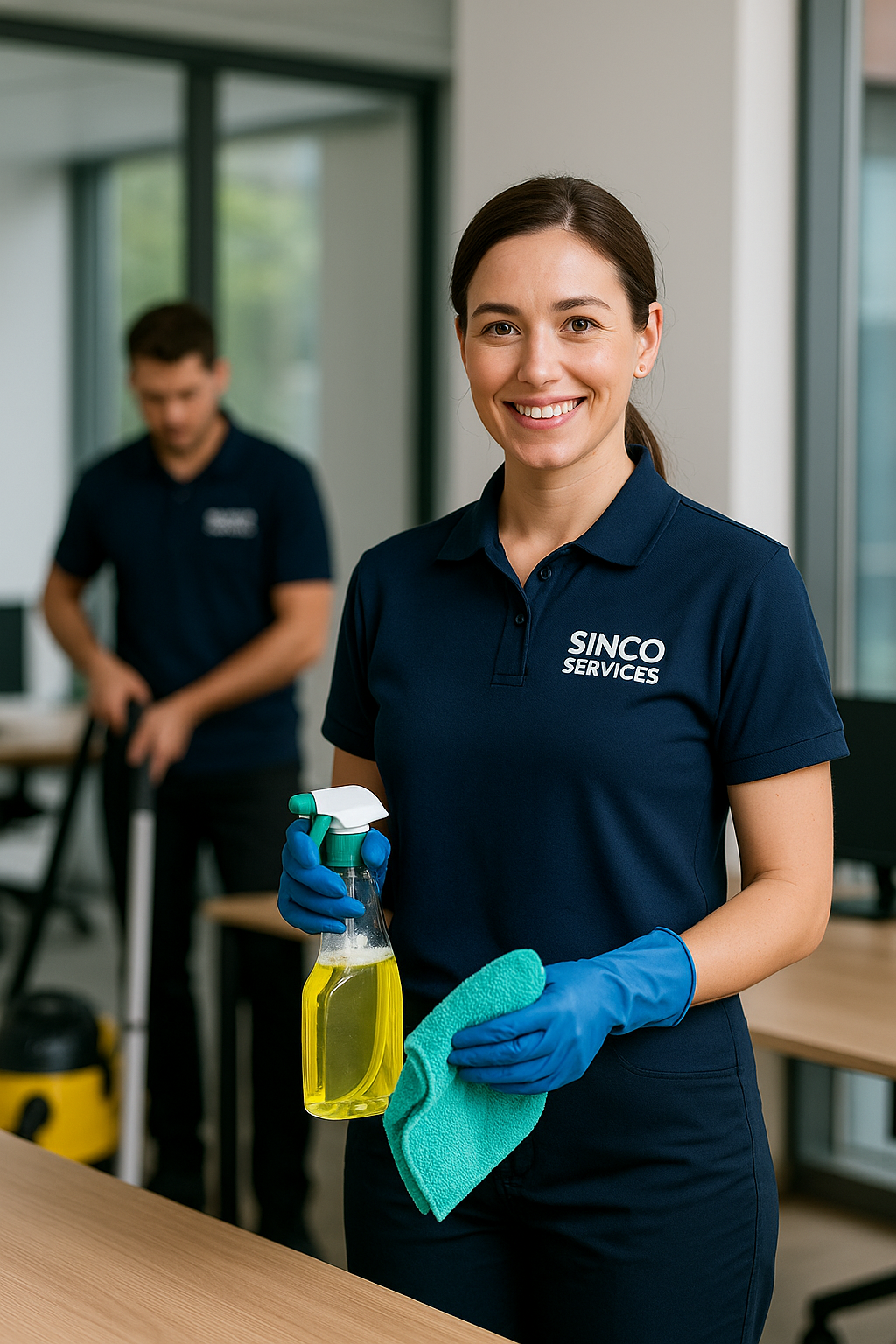 A woman in a navy blue shirt with "SINCO SERVICES" logo, wearing blue gloves and holding a spray bottle of yellow cleaning solution and a green cloth, smiling at the camera in a professional cleaning setting.