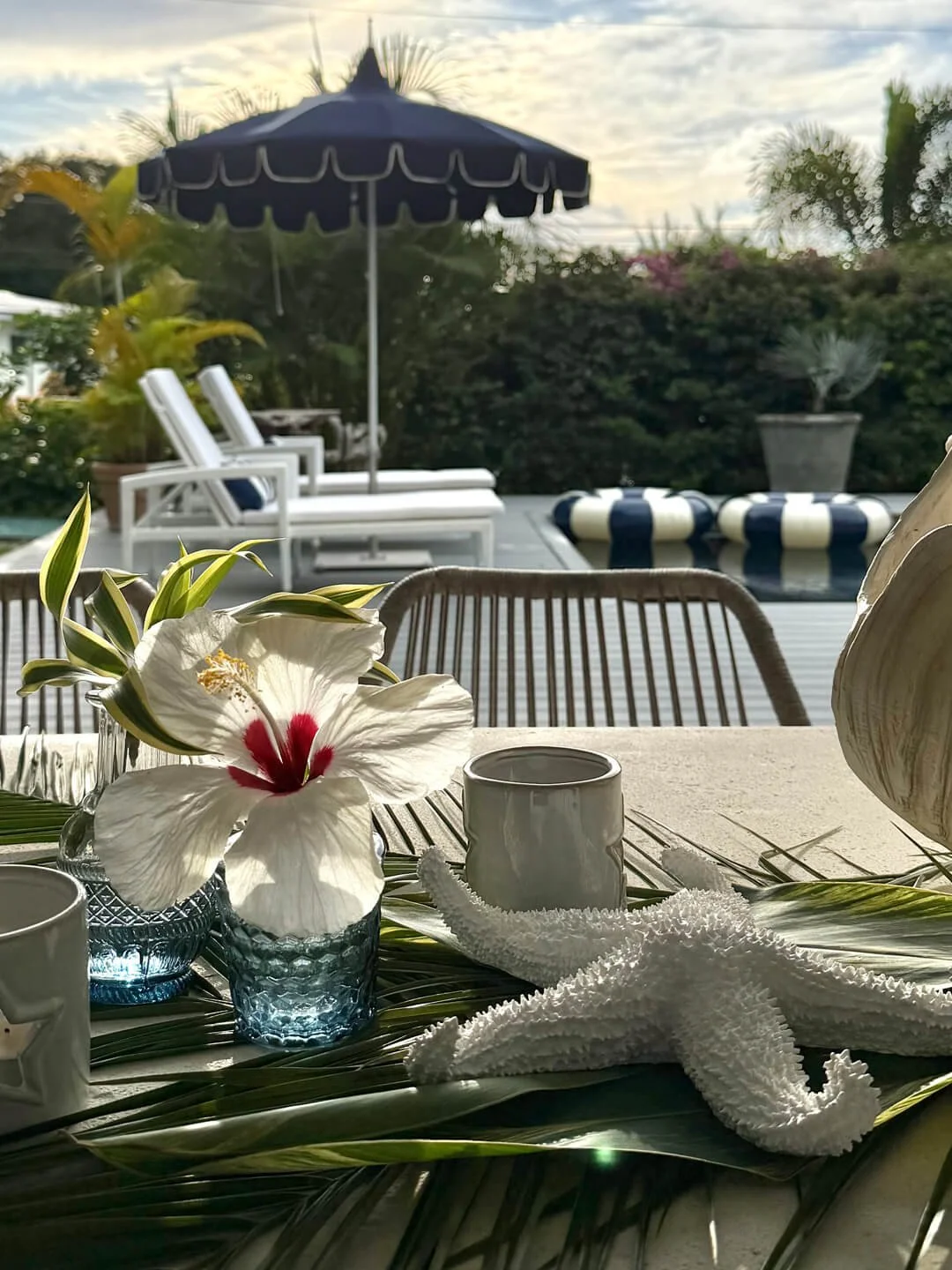 Seastar House tablescape with starfish and Hibiscus bloom on a stone table by the swimming pool