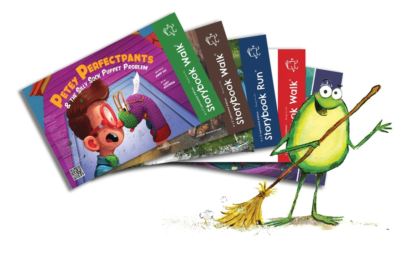 Shows five Storybook Walk Editions and Finn the Frog