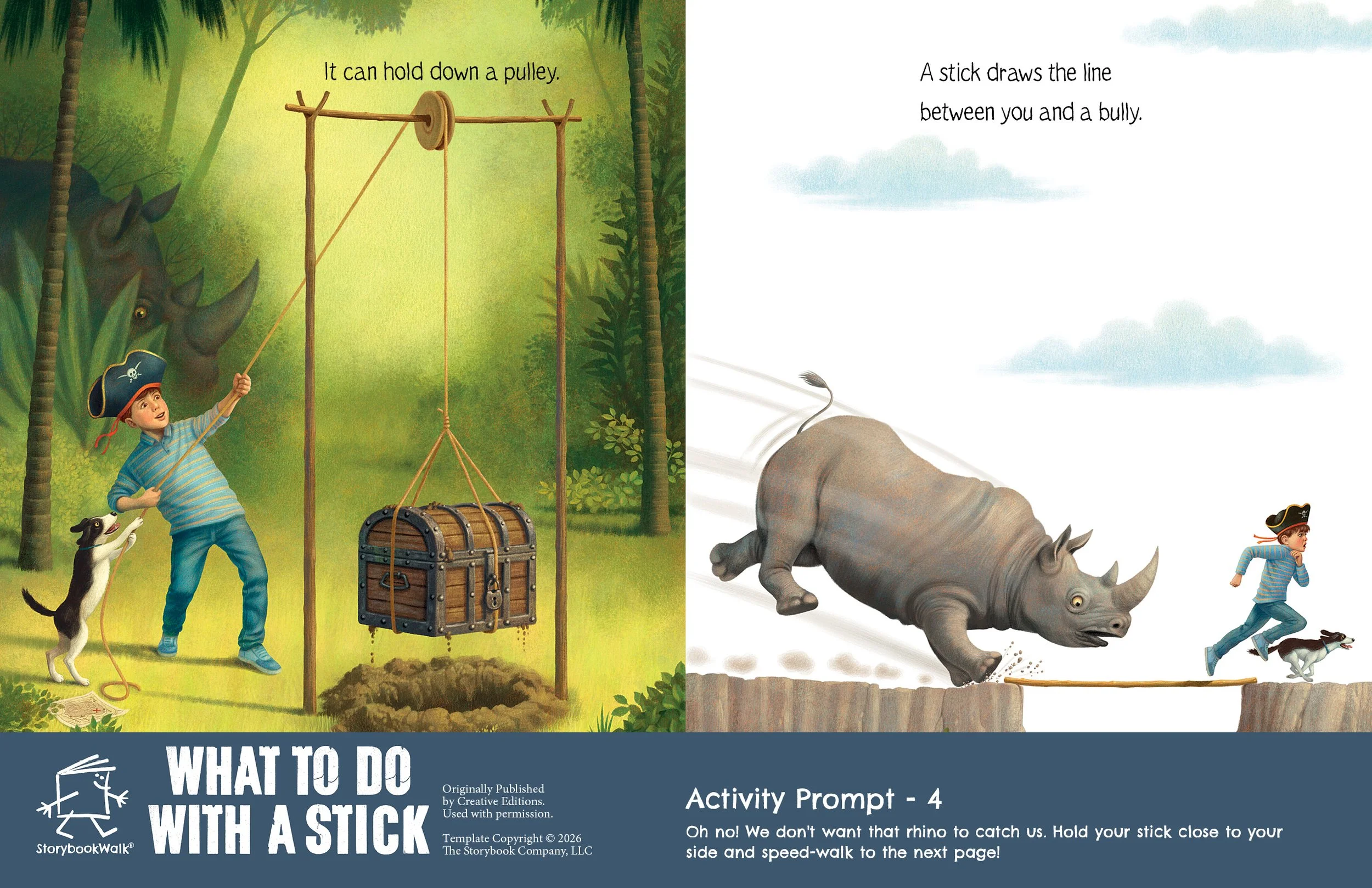 What to Do With a Stick: Storybook Walk Edition example page showing a stick pulley lifting a treasure chest and a charging rhino, with Activity Prompt 4. Works well in Storywalks.