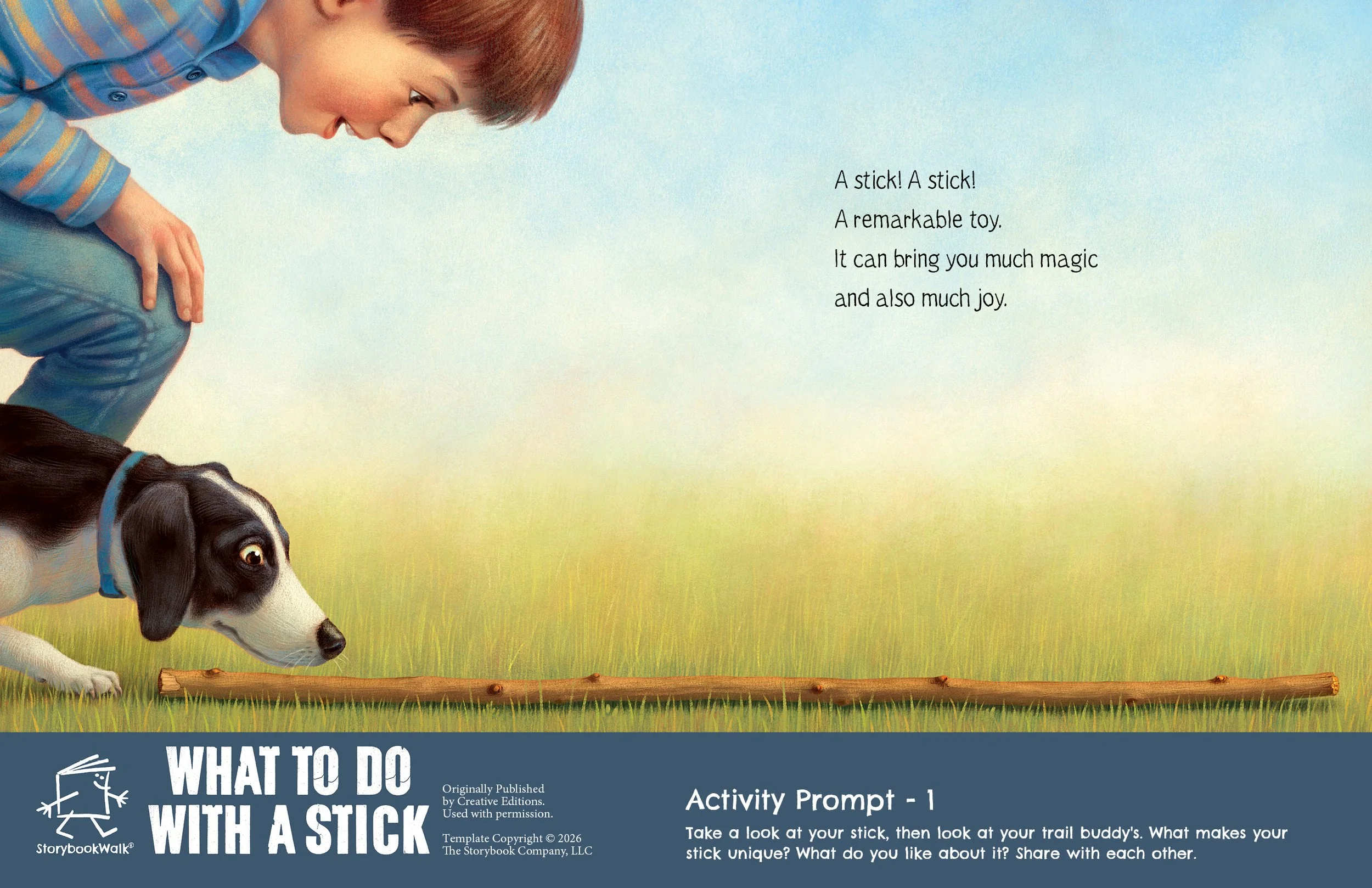 What to Do With a Stick: Storybook Walk Edition example page showing a boy and his dog peering at a stick in a grassy field, with Activity Prompt 1. Works well in Storywalks.