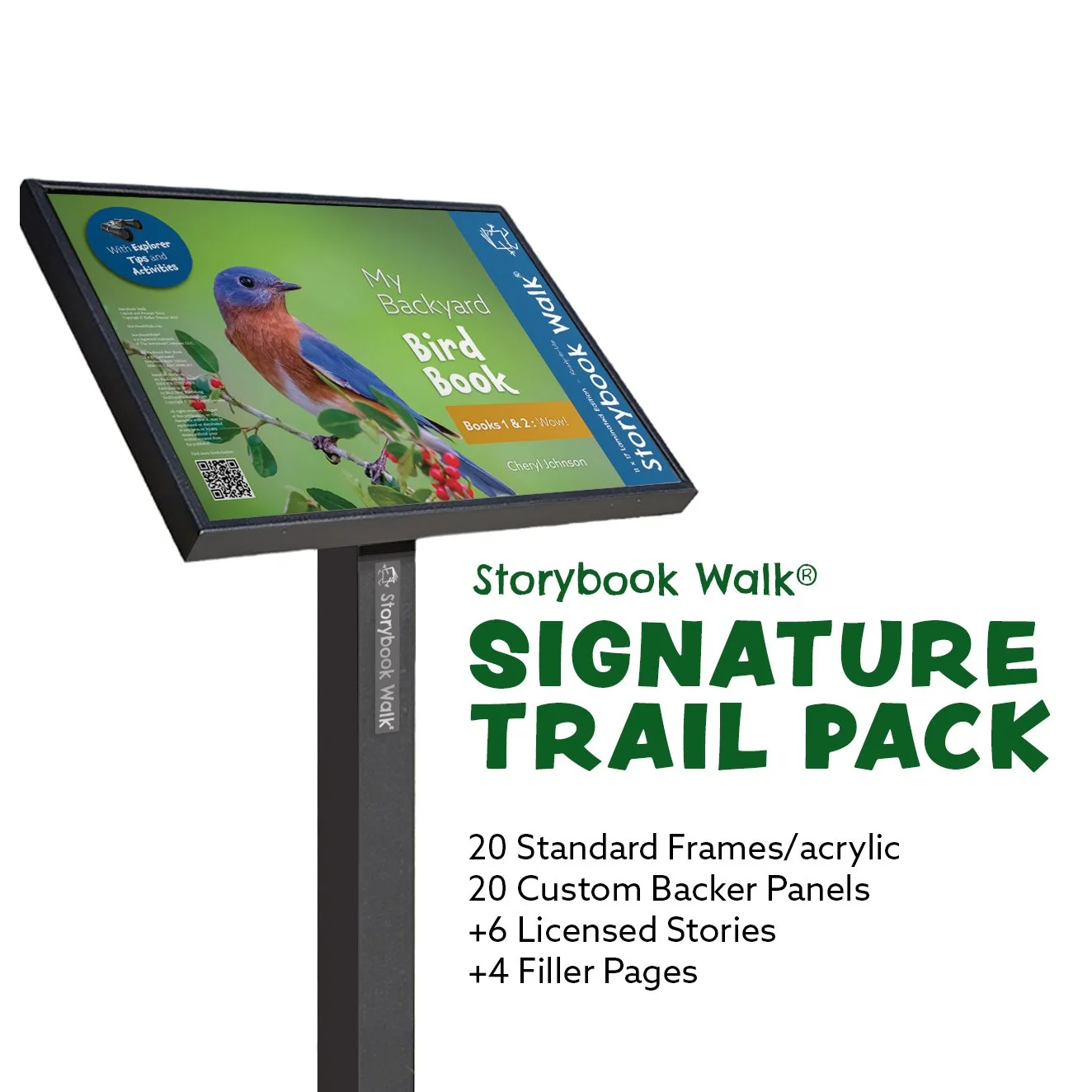 A StoryWalk frame with a Storybook Walk Edition in it with a blue bird.