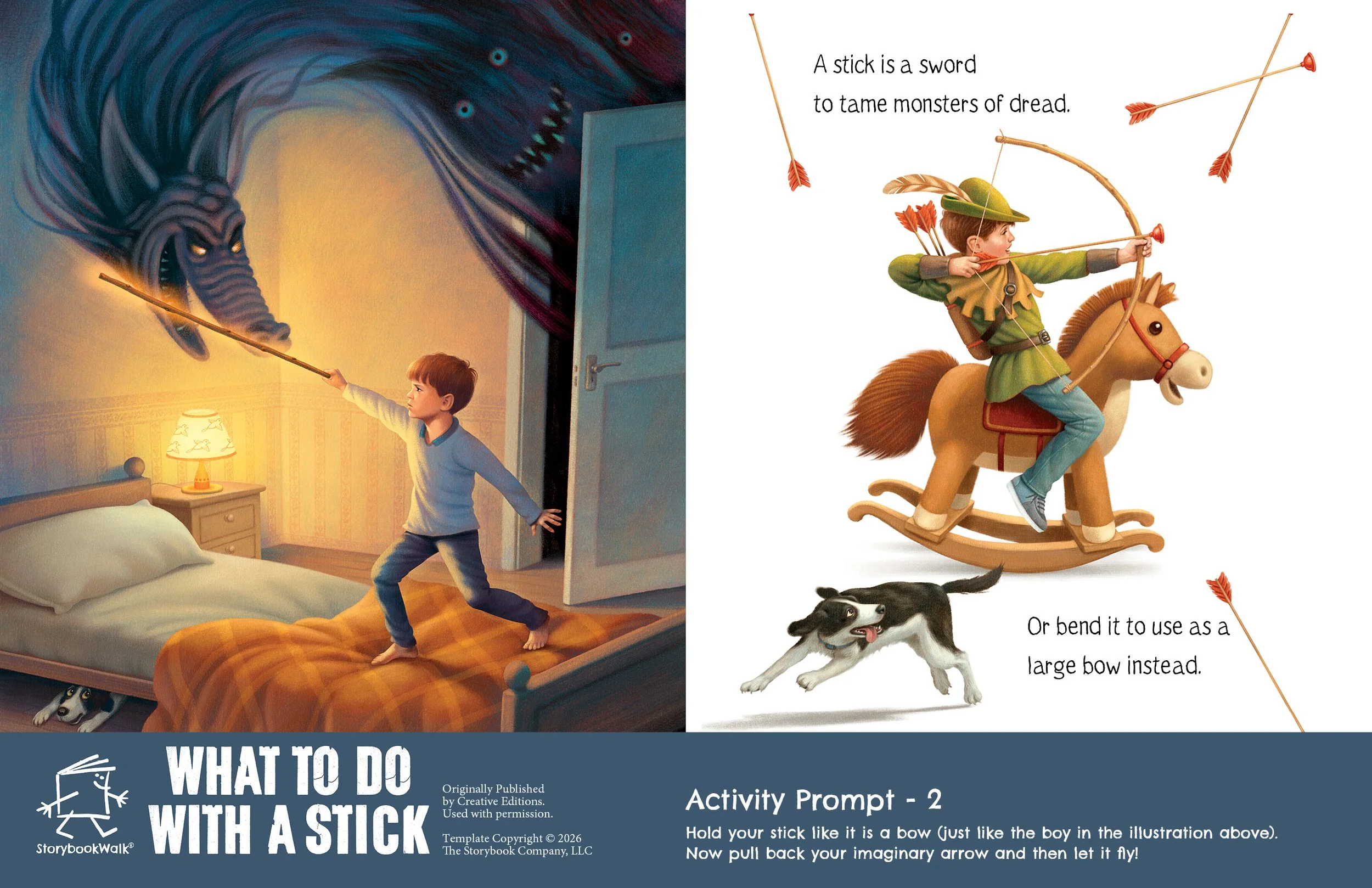 What to Do With a Stick: Storybook Walk Edition example page showing a boy using his stick as a sword and as a bow on a rocking horse, with Activity Prompt 2. Fits in Storywalks.