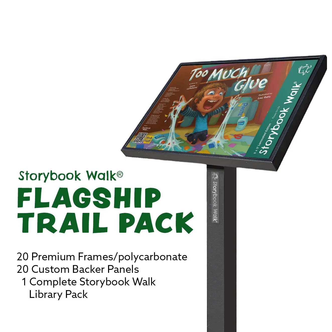 A Storywalk frame with a Storybook Walk Edition in it with a kid with his hands full of glue.