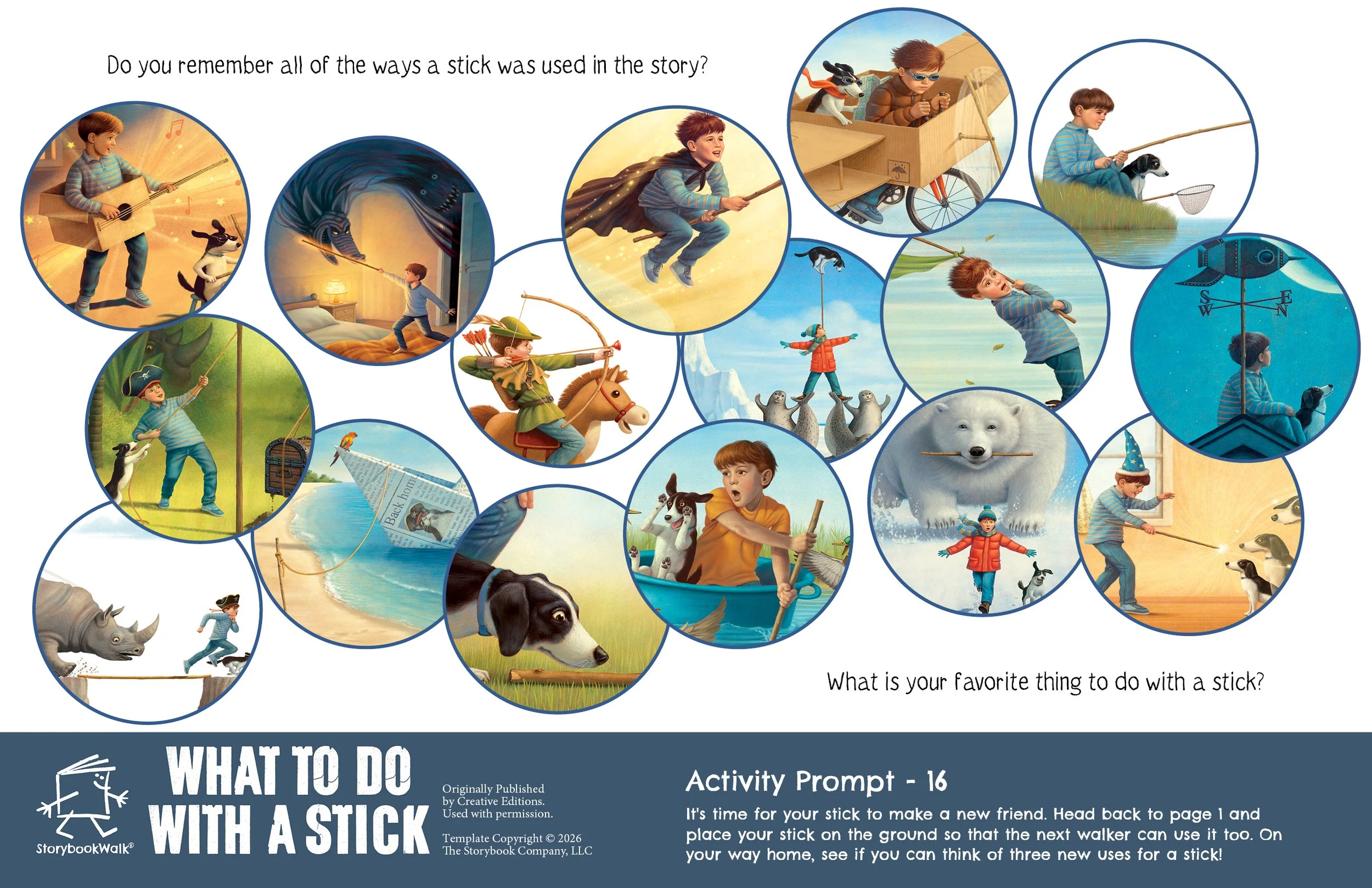 What to Do With a Stick: Storybook Walk Edition example page showing circles of all the ways a stick was used in the story, with Activity Prompt 16. Great for Storywalks.