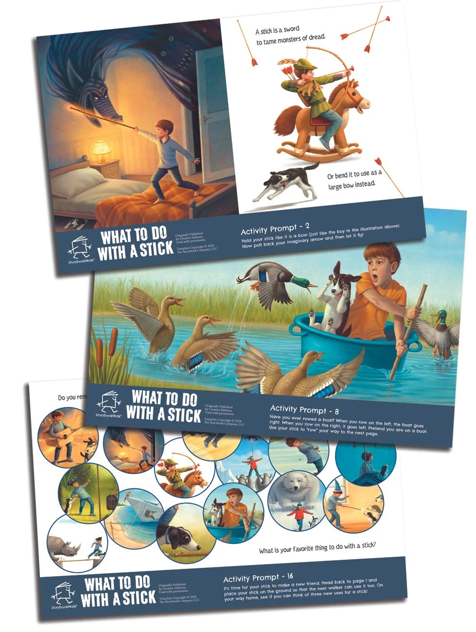What to Do With a Stick: Storybook Walk Edition. 3 examples of pages showing boy using a stick to fight a dragon, shoot bow and arrows, as an oar on a boat on a lake, and 16 circles with other uses.