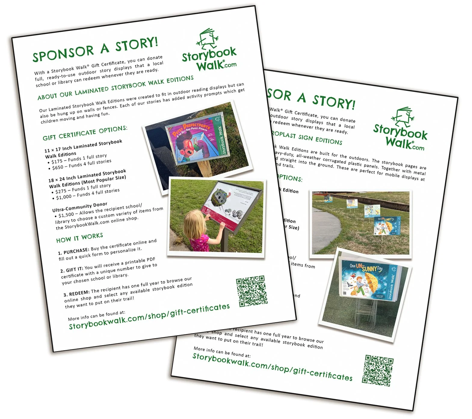 Two pages showing sponsor text for Storybook Walks.