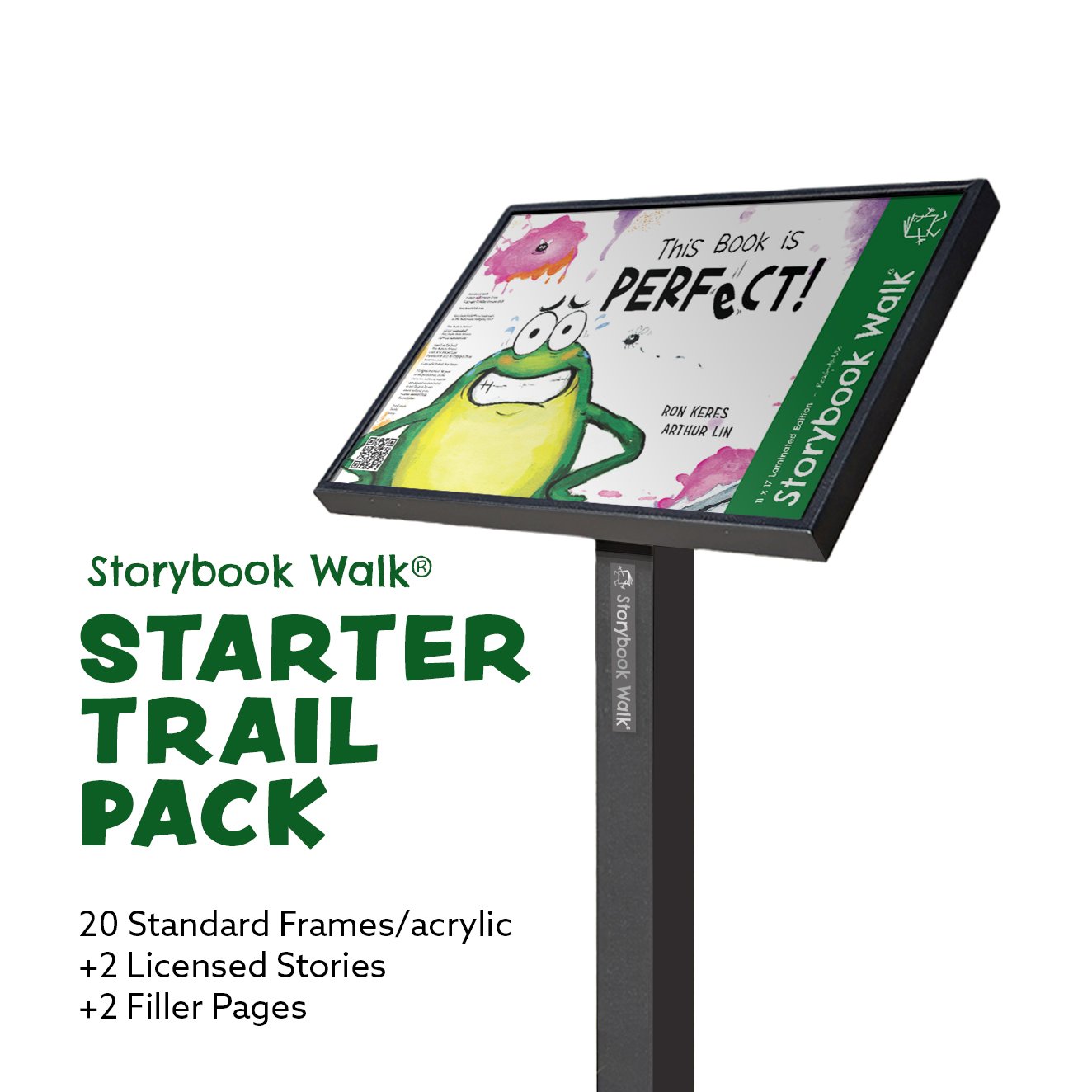 A StoryWalk frame with a Storybook Walk Edition with a frog on it