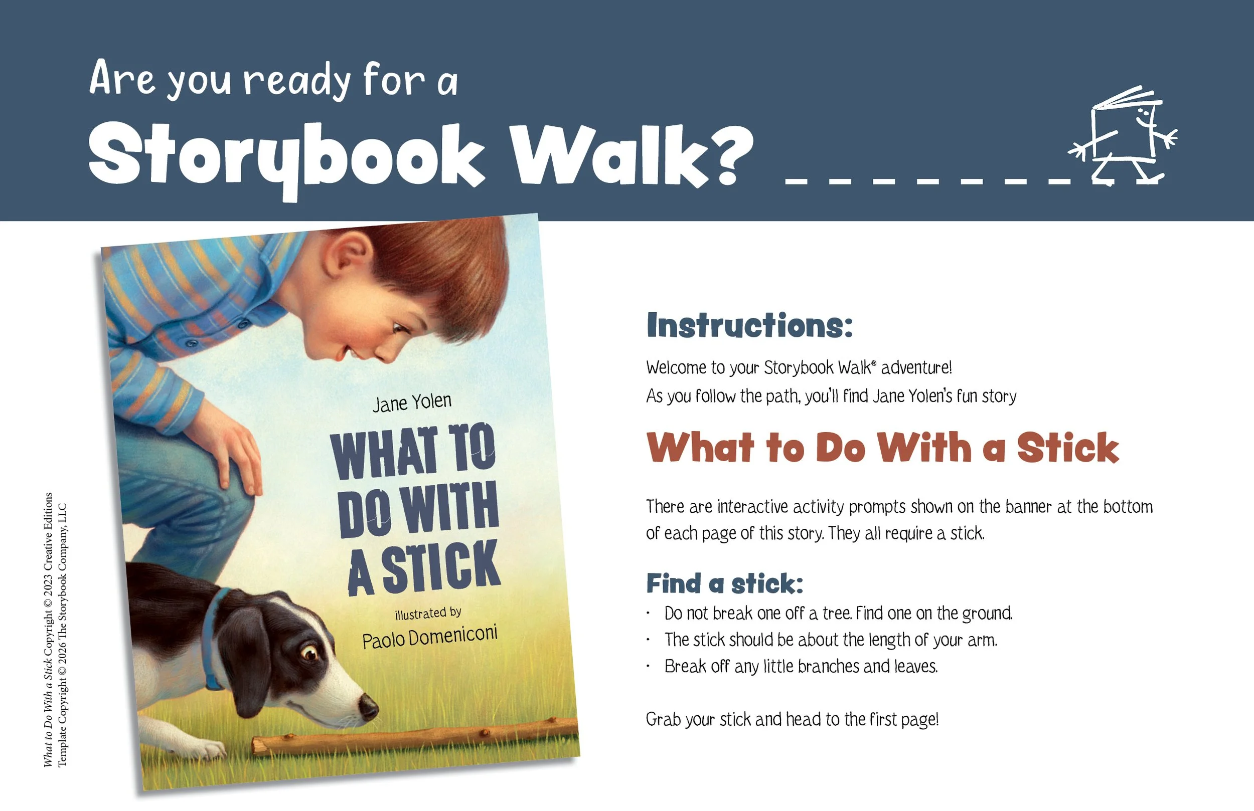 What to Do With a Stick: Storybook Walk Edition instruction page showing the "Are you ready for a Storybook Walk?" sign with the boy and his dog, and instructions. Great for Storywalks.