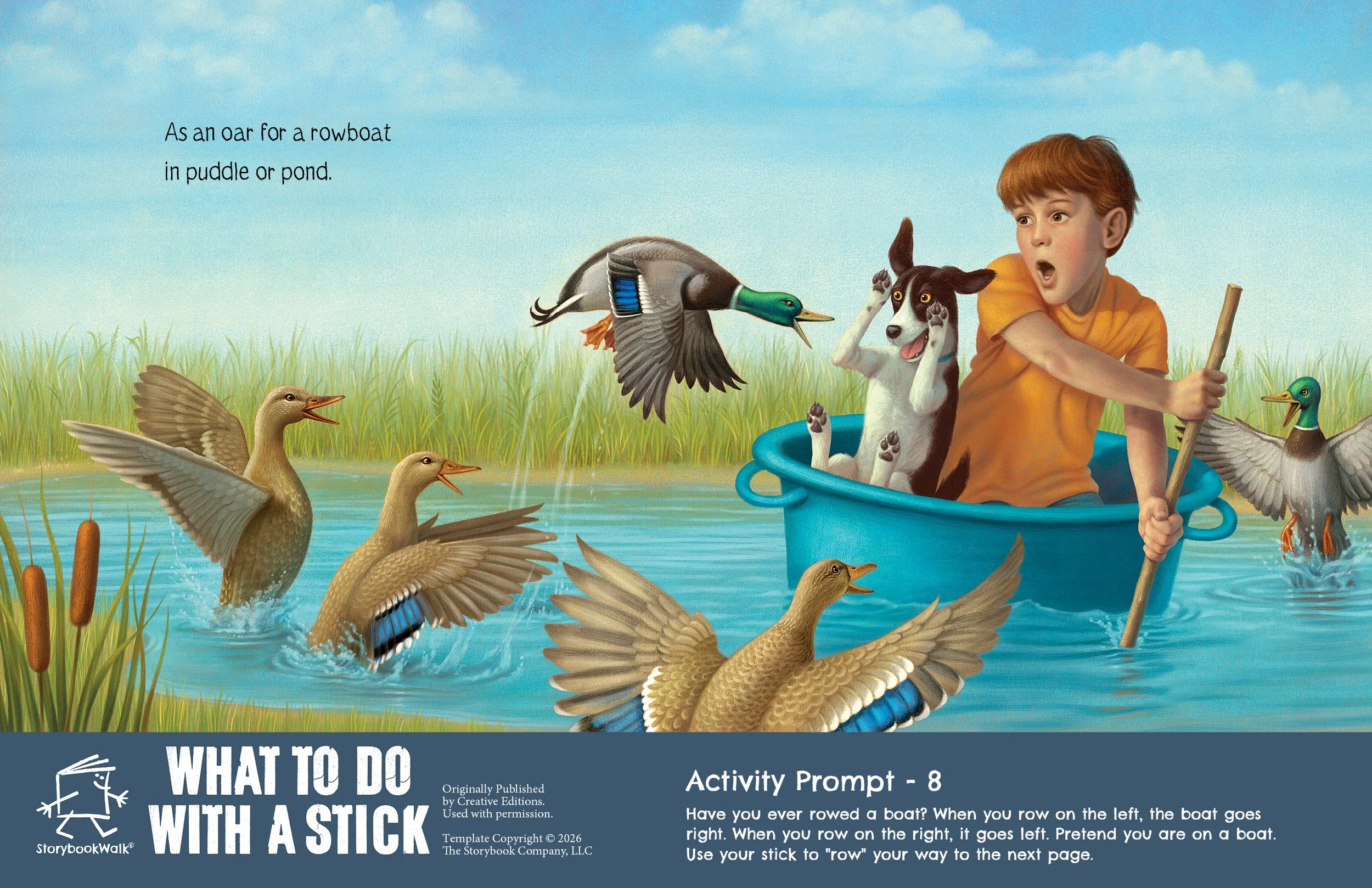 What to Do With a Stick: Storybook Walk Edition example page showing the boy and his dog rowing a tub among ducks on a pond, with Activity Prompt 8. Fits in Storywalks.