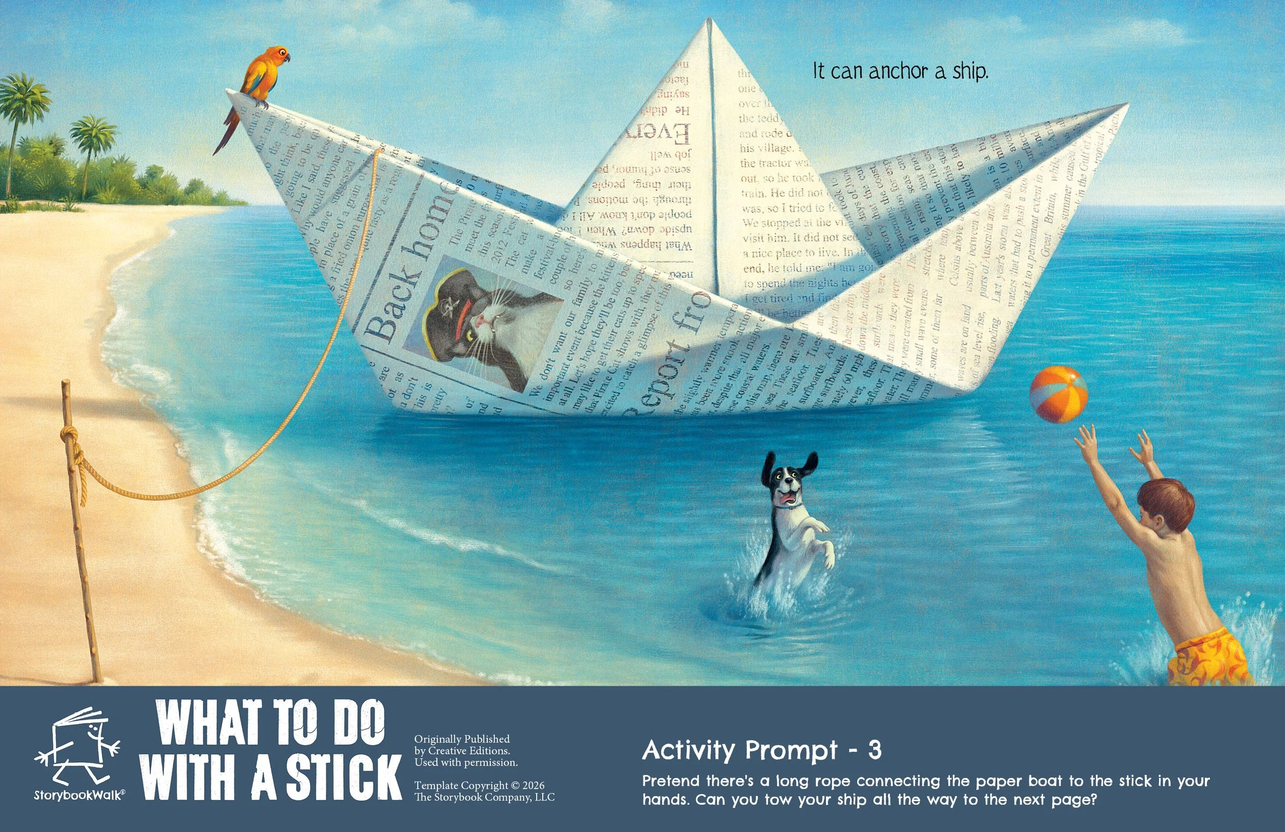 What to Do With a Stick: Storybook Walk Edition example page showing a paper boat ship anchored with a stick and the dog swimming, with Activity Prompt 3. Great for Storywalks.