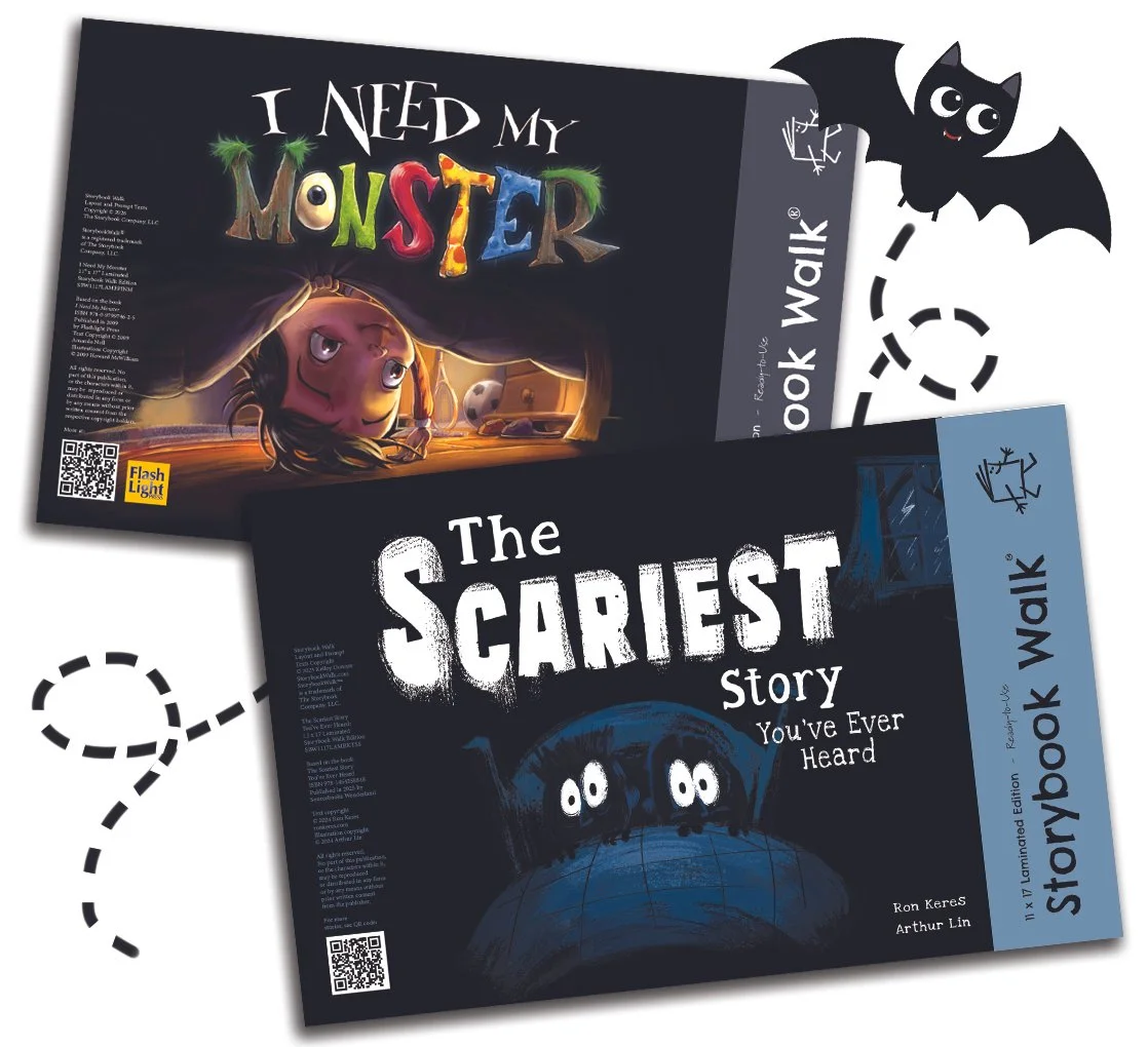 I Need My Monster and The Scariest Story You've Ever Heard as Storybook Walk Editions with a flying bat in the background.