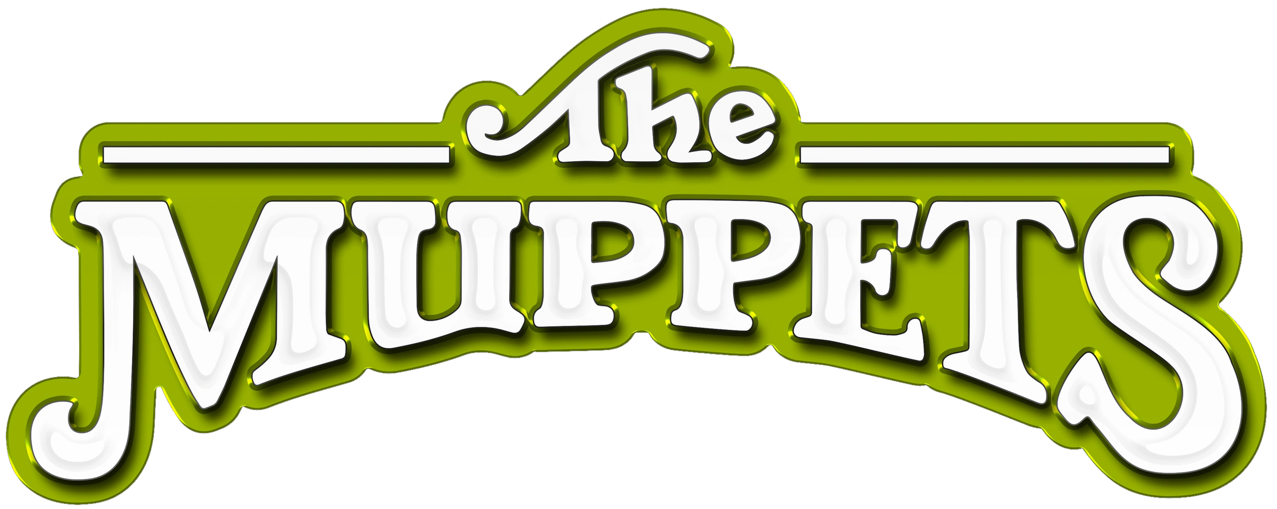 Logo with text "The Muppets" styled as neon sign in green and white.