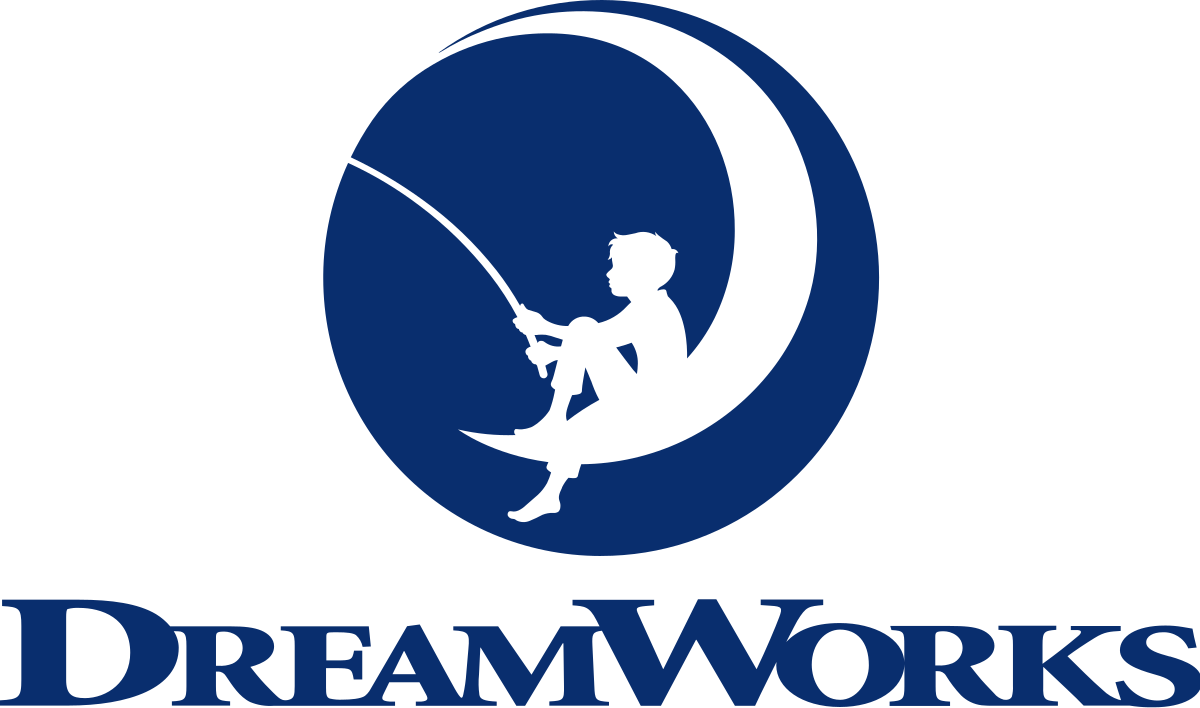 Silhouette of a boy fishing on a crescent moon with the words "DreamWorks" below.