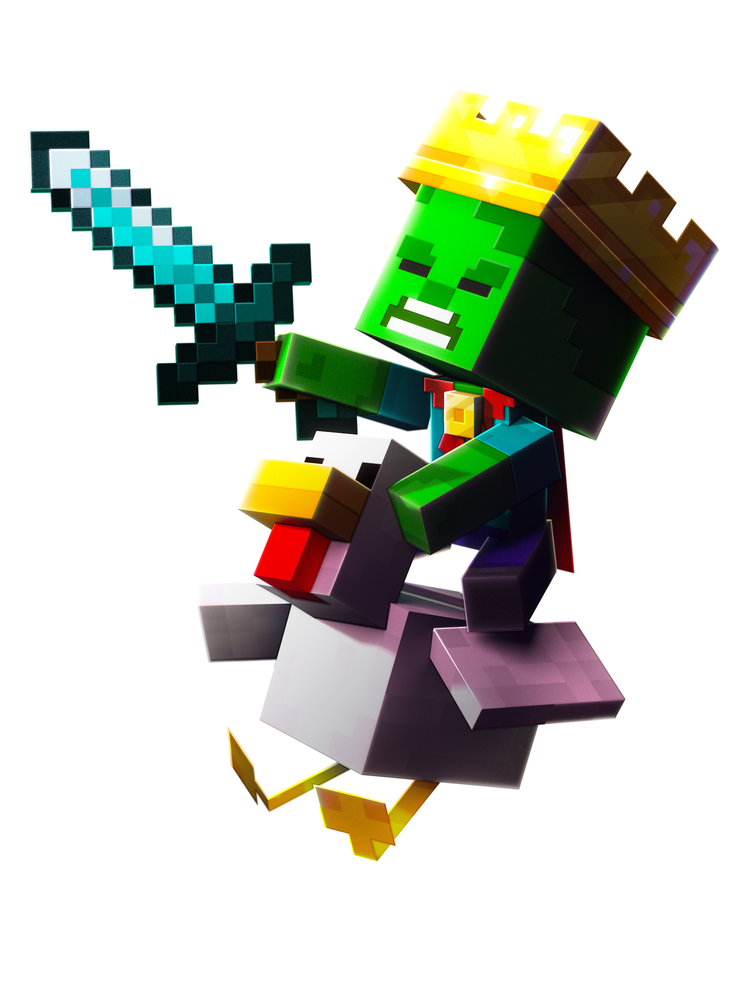 A Minecraft character with a green face, yellow crown, and black hair, holding a pixelated sword, standing on a set of colorful, pixelated blocks.