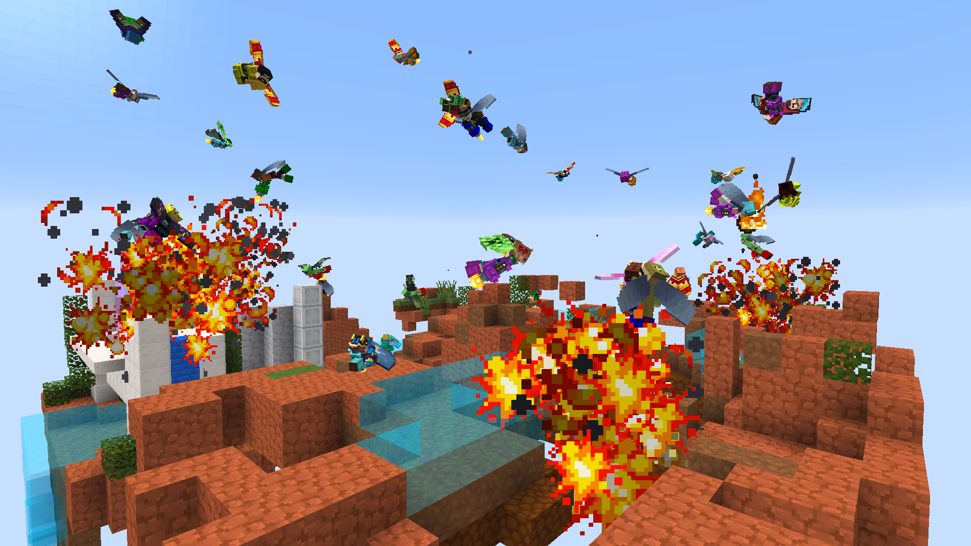 Chaos in a Minecraft game with pixelated characters, explosions, and blocks flying through the air.