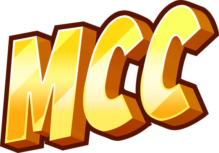Bold yellow 3D letters spelling 'MCC' with brown shading.