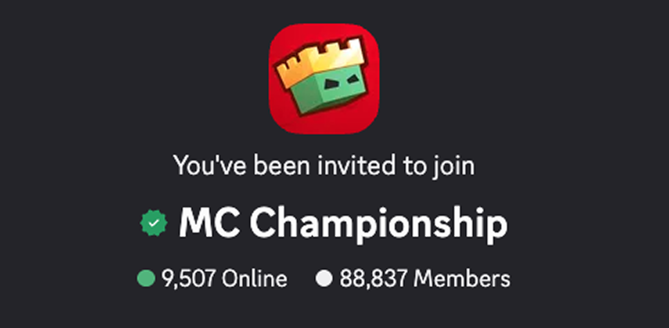 Invitation to join the MC Championship online gaming community with a cartoon logo of a green block character wearing a gold crown, black background, showing online and membership numbers.