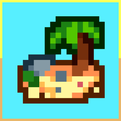 Pixel art depiction of a small island with a palm tree, rocks, and sandy beach, on a bright blue background.