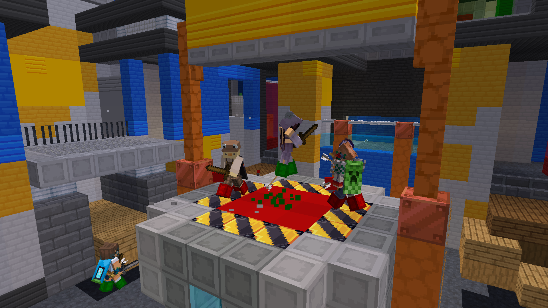 Minecraft scene with blocky characters celebrating on a red and yellow checkered floor surrounded by colorful blocks and structures.