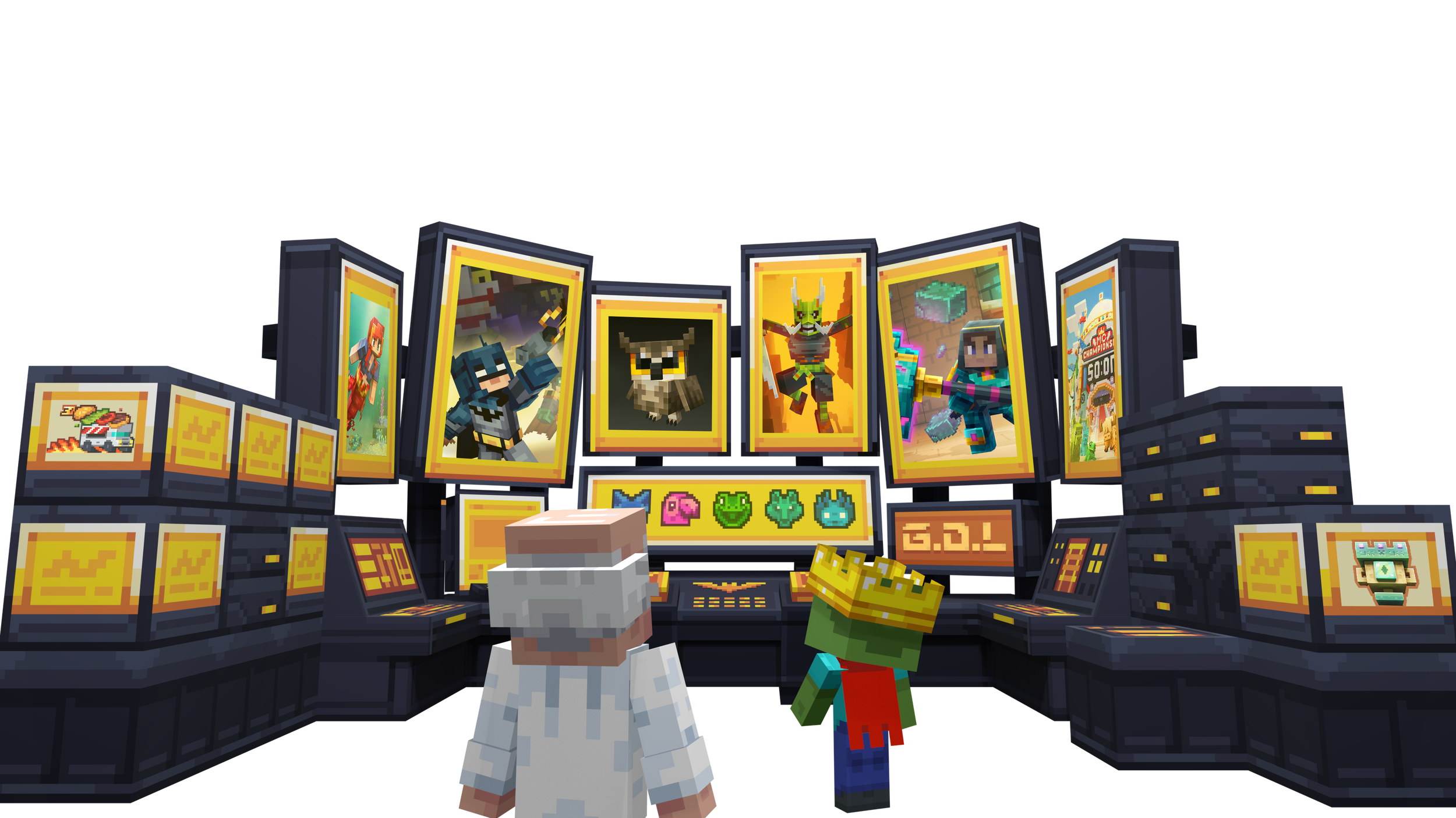 Minecraft-themed arcade with screens displaying characters and icons, two Minecraft characters facing a control panel, and pixelated decorations.