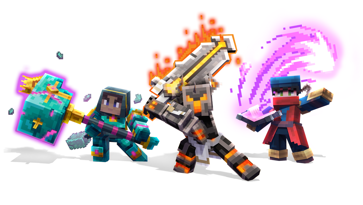 Minecraft characters engaging in a battle with weapons and magical attacks.