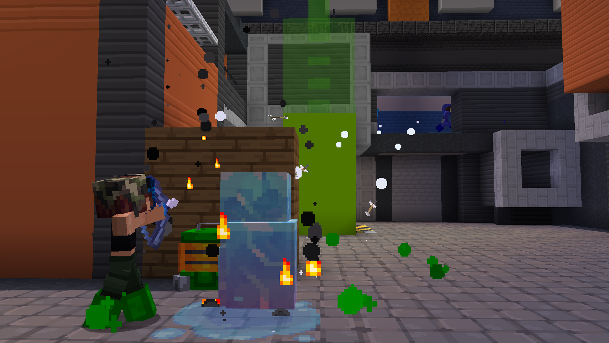 A pixelated Minecraft character with a bow, peering behind a wall at another player, who is running away. Around them is a large frozen cube and small flames around it, seemingly melting.
