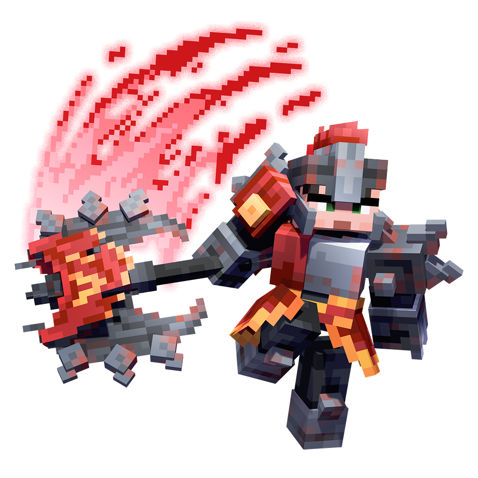 Pixelated video game character with armor wielding a fiery weapon emitting pink flames.
