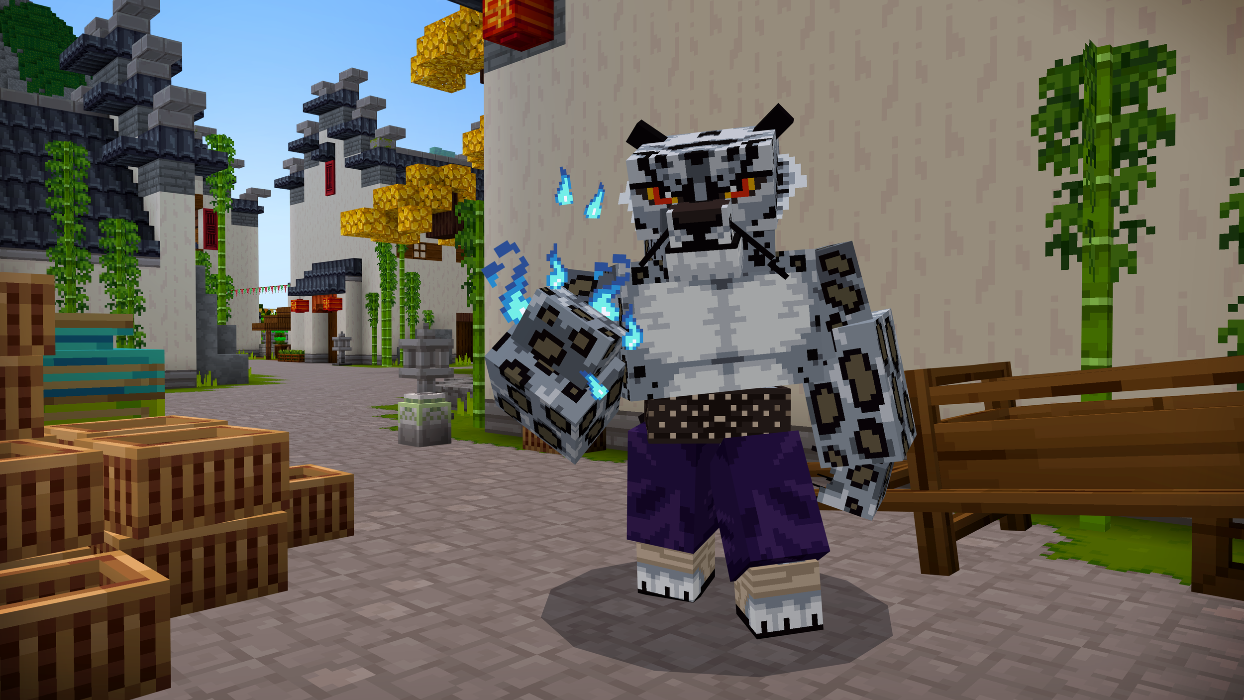 Two characters standing in front of multiple screens and console controls inside a cave, with pixelated art style resembling Minecraft or other pixel art video games.