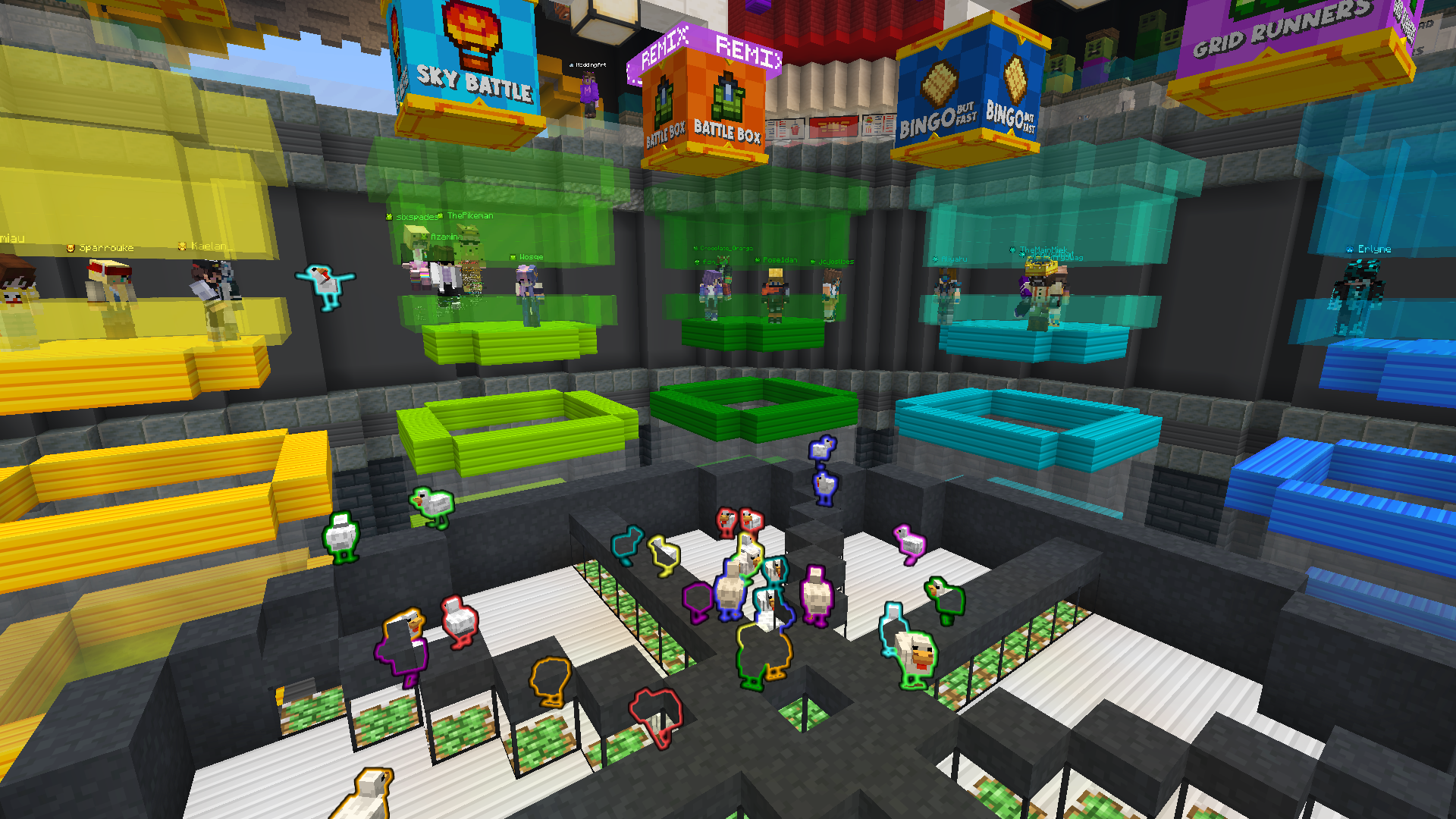 A colorful pixel-art style game arcade with various game booths labeled SKY BATTLE, BATTLE BOX, BINGO, and GRID BUNNERS, featuring multiple players and bright signage in a blocky digital environment.