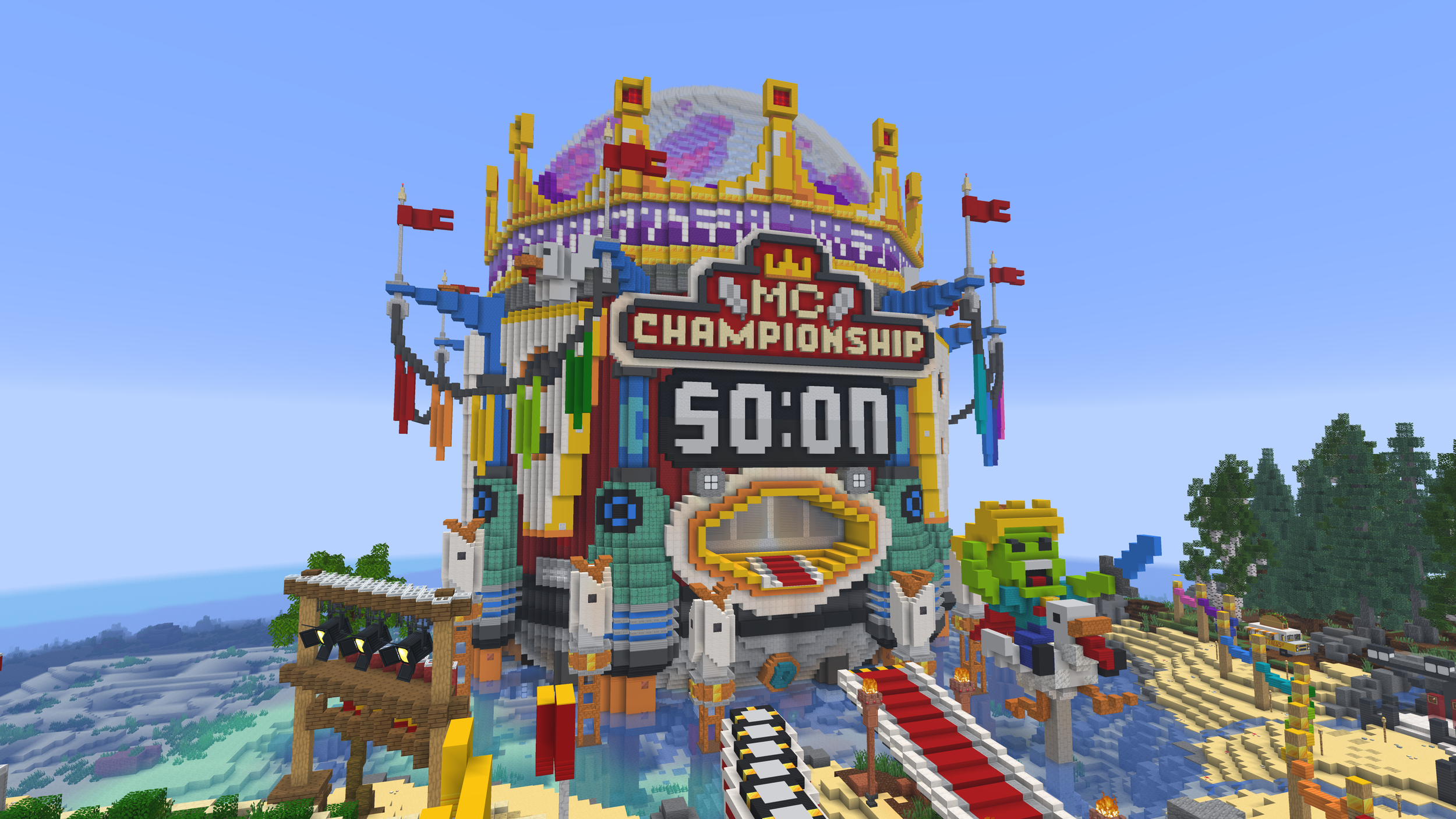 Blocky Minecraft amusement park scene with large signs reading 'The Jumps' and 'MC Championship', surrounded by colorful structures, pixelated characters, and explosive Tnt crates.