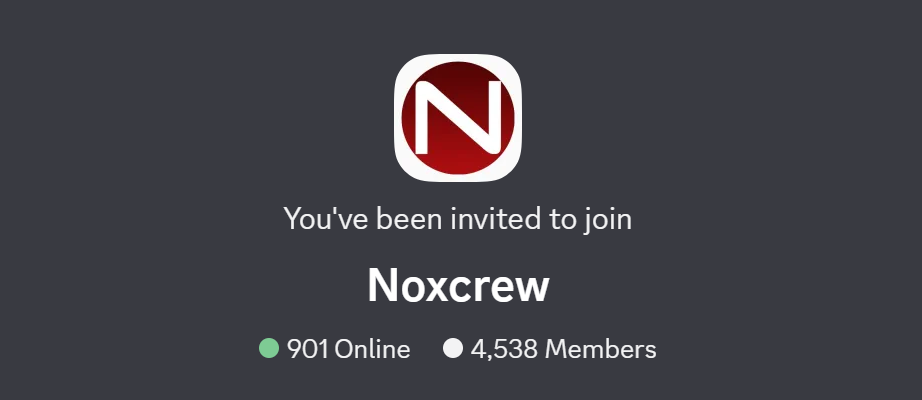 Screenshot of a social media invitation to join a group called Noxcrew, showing the group's logo, number of online members, and total members.
