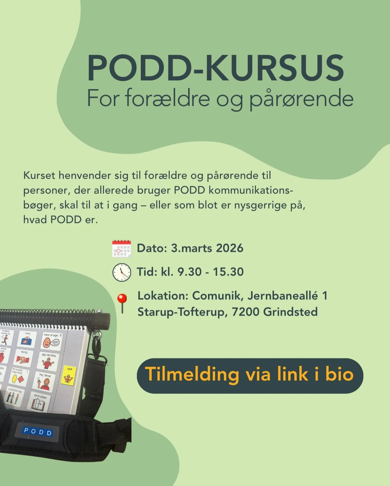 Vil du have en bedre forst&aring;else for hvordan PODD kommunikationsb&oslash;ger kan bruges i hverdagen? 💬🌱
Dette kursus er for for&aelig;ldre og p&aring;r&oslash;rende som &oslash;nsker indsigt &oslash;velse og mulighed for at stille sp&oslash;rg